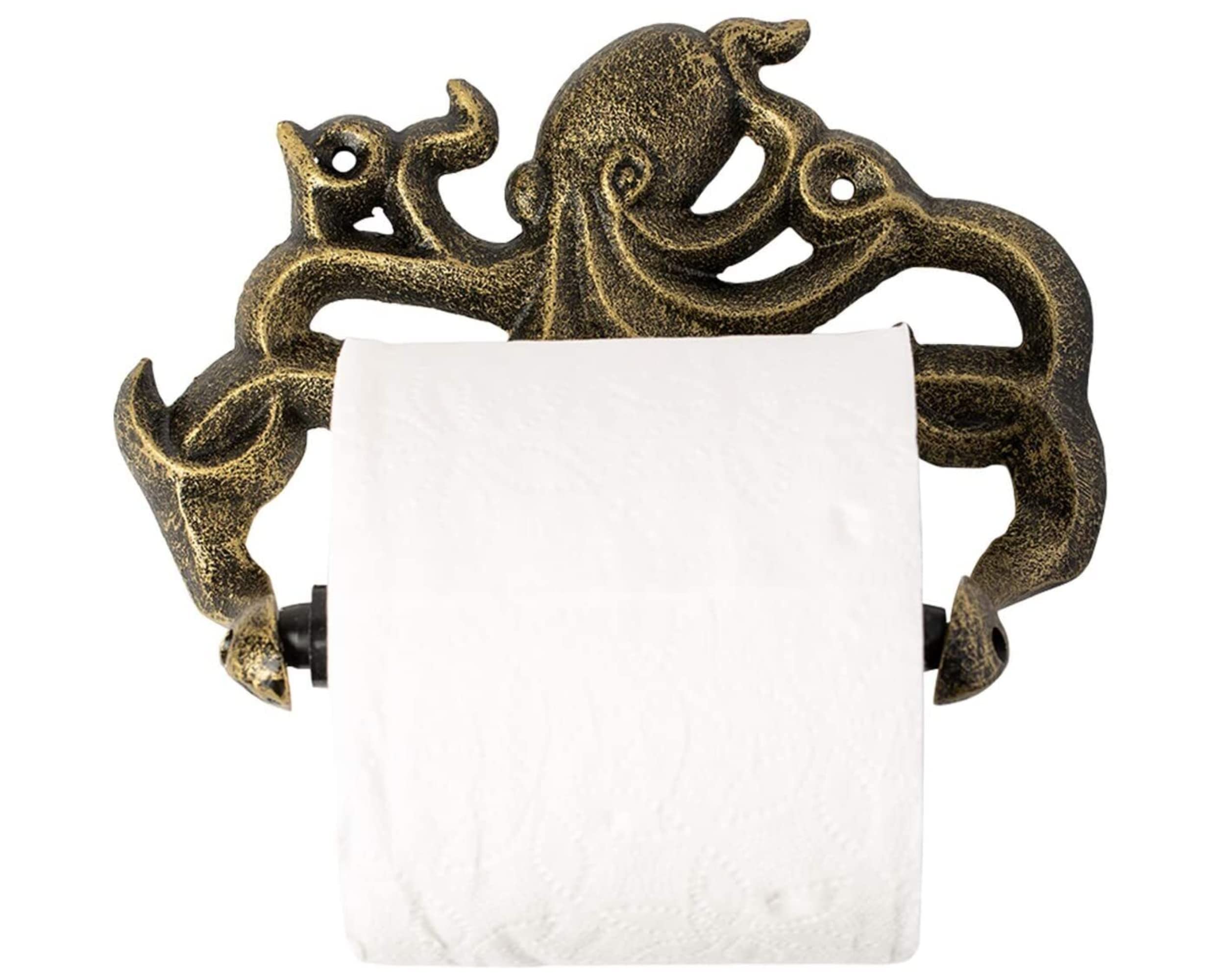 Decorative Cast Iron Octopus Toilet Paper Roll Holder – Wall Mounted Octopus Décor for Bathroom – Kraken, Nautical Bathroom Accessories – Easy to Install w/ Included Screws and Anchors - Gold & Black