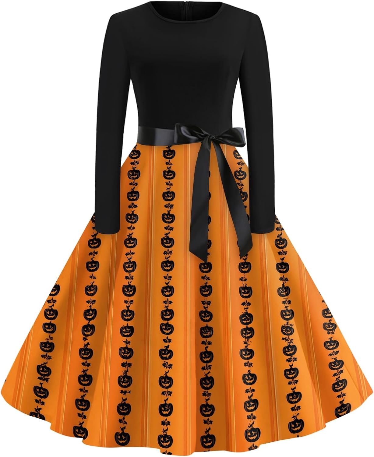 Womens Halloween Printed Party Dress Long Sleeve Crew Neck Vintage A Line