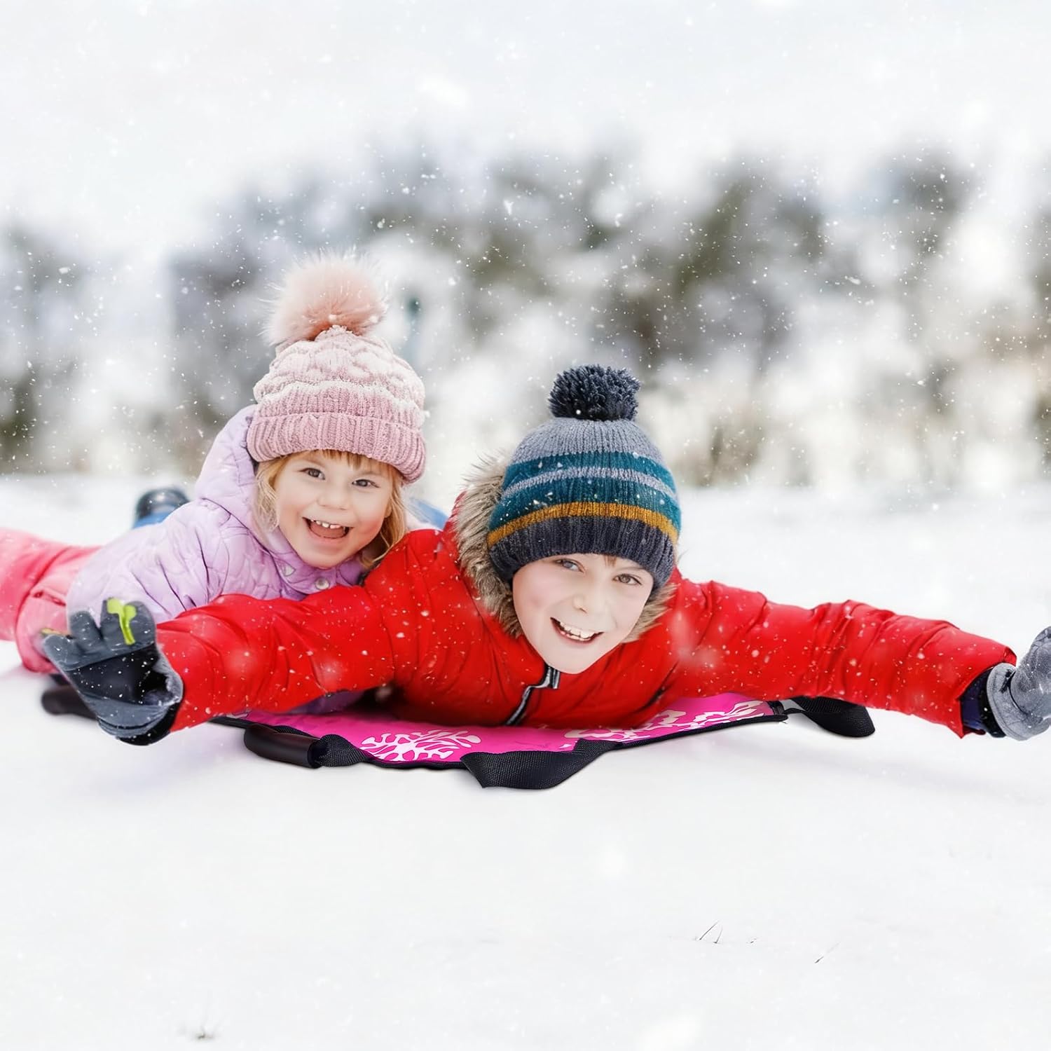 45"×18" Foldable Winter Snow Sled Portable Strong and Durable, Sturdy Fabric Stitchin Handles with Steering for Adult Teen Winter Outdoor Sports Fun