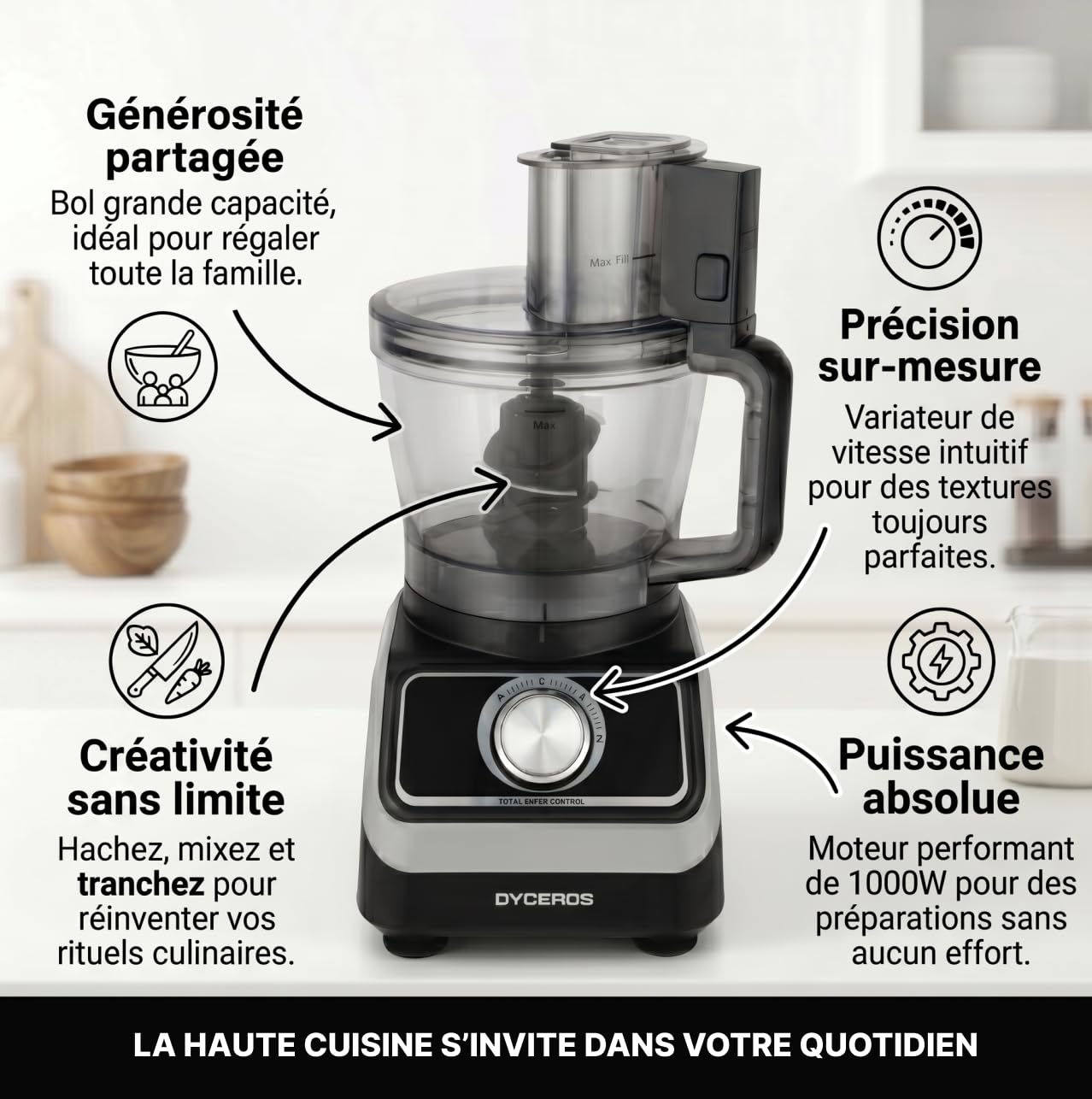 Robot de cuisine multifonction Dyceros MultiForce 1000W | Bol 1.5 L, 2 vitesses + turbo