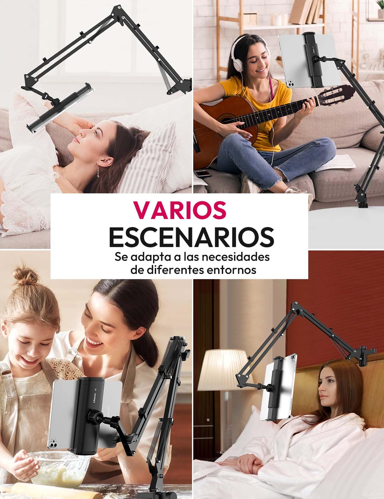 ULANZI Soporte Tablet Cama, 360° Giratorio, Aluminio para iPad 2021 Pro 9.7, 10.5, 12.9, Air Mini 3, 4, 5, Samsung Tab y Huawei MediaPad