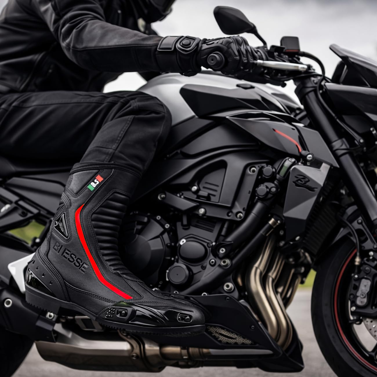 BI ESSE - Botas De Cuero De La Moto,Zapato De Motocicleta Impermeable,Transpirable,Botas De Invierno De Carretera,Protector De Tobillo