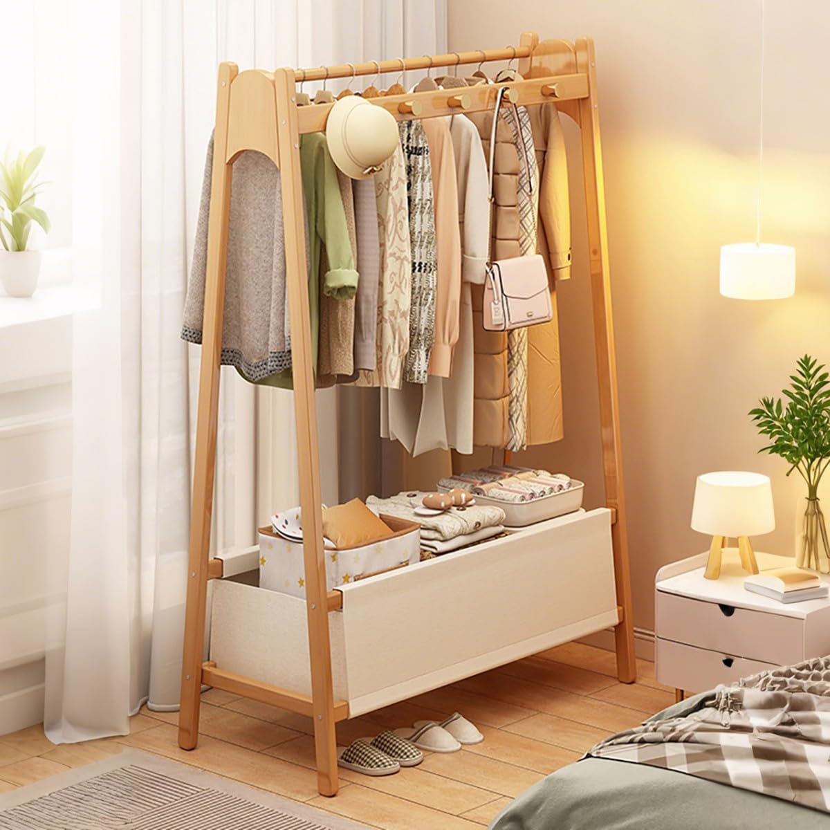 FGXHHS Modern Bamboo Coat Rack Stand - Floor Standing Clothes with Hooks & Storage Basket Shelf Stylish Hanging Rail for Hallway, Entryway, Bedroom, Bathroom, Office