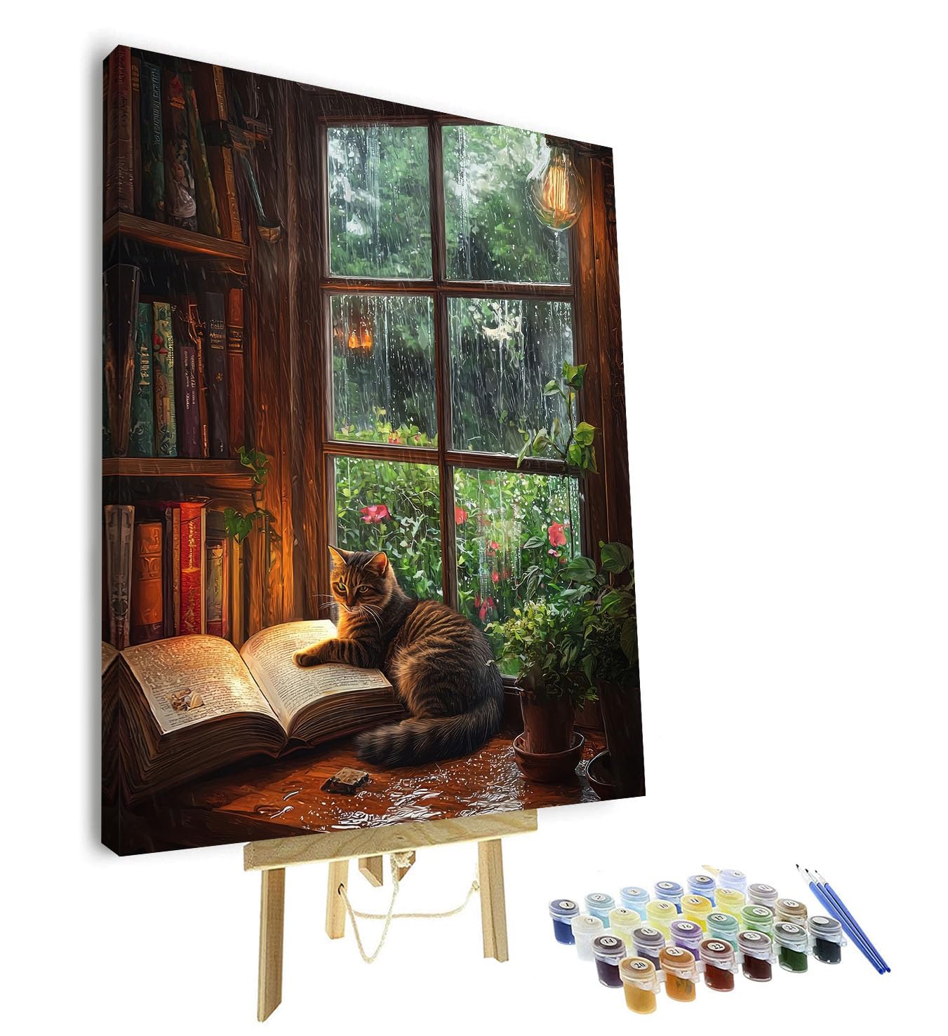 TISHIRON Framed Paint by Numbers for Adults Cat, Vintage Book Adult Paint by Number with Brushes Acrylic Painting, Green Leaf DIY Oil Painting for Gift Home Wall Decor Art Crafts 16"x20"