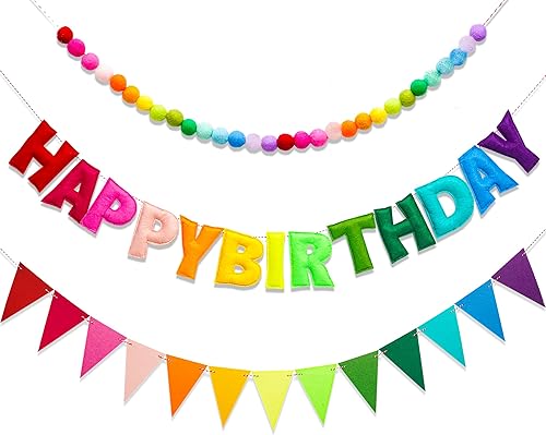 Vista 13 de Cartel de feliz cumpleaños preencordado – Guirnalda de bola de fieltro, decoraciones de fiesta de arcoíris, guirnalda de feliz cumpleaños, letrero