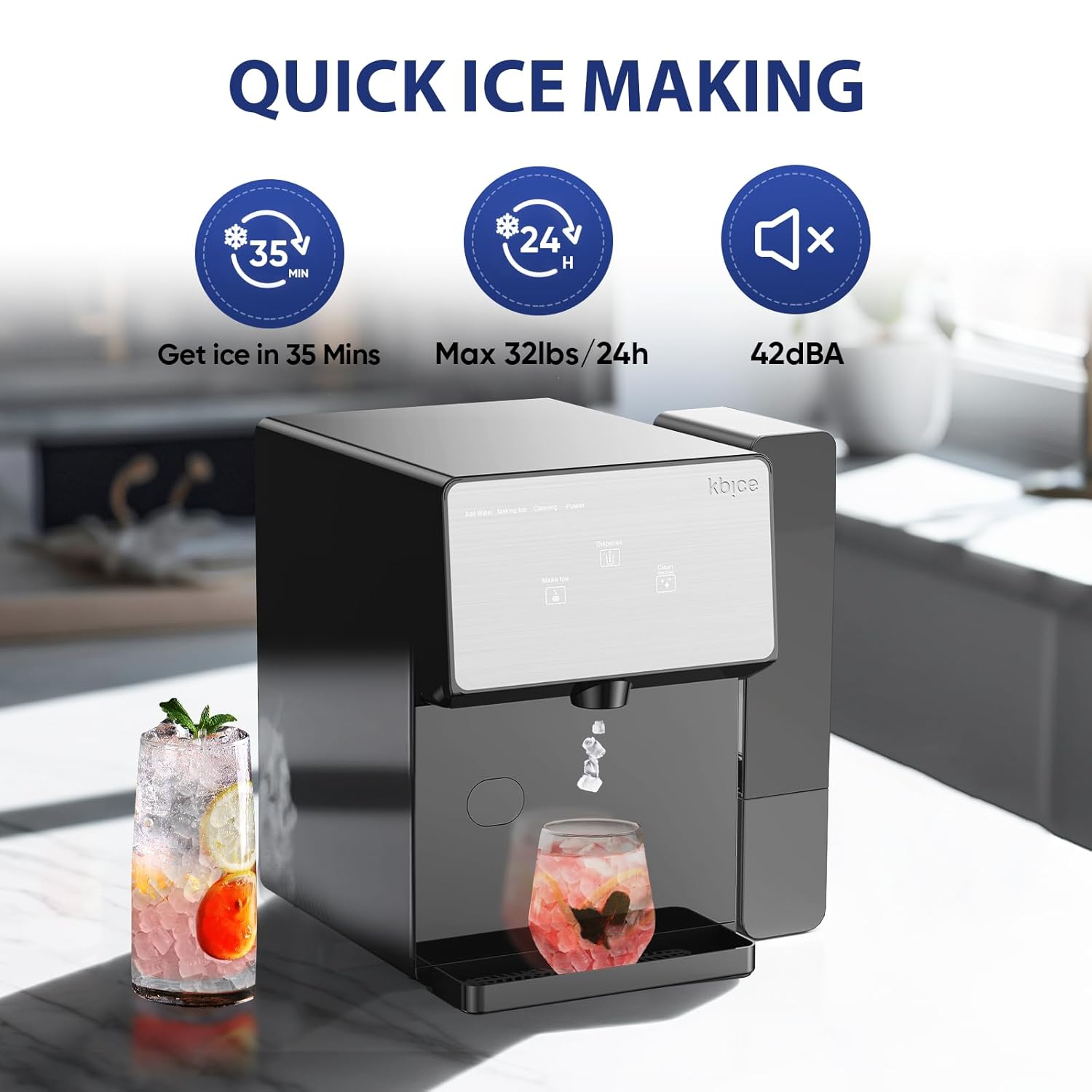 Icons showing quick ice making, 32lbs/24h capacity, and quiet operation