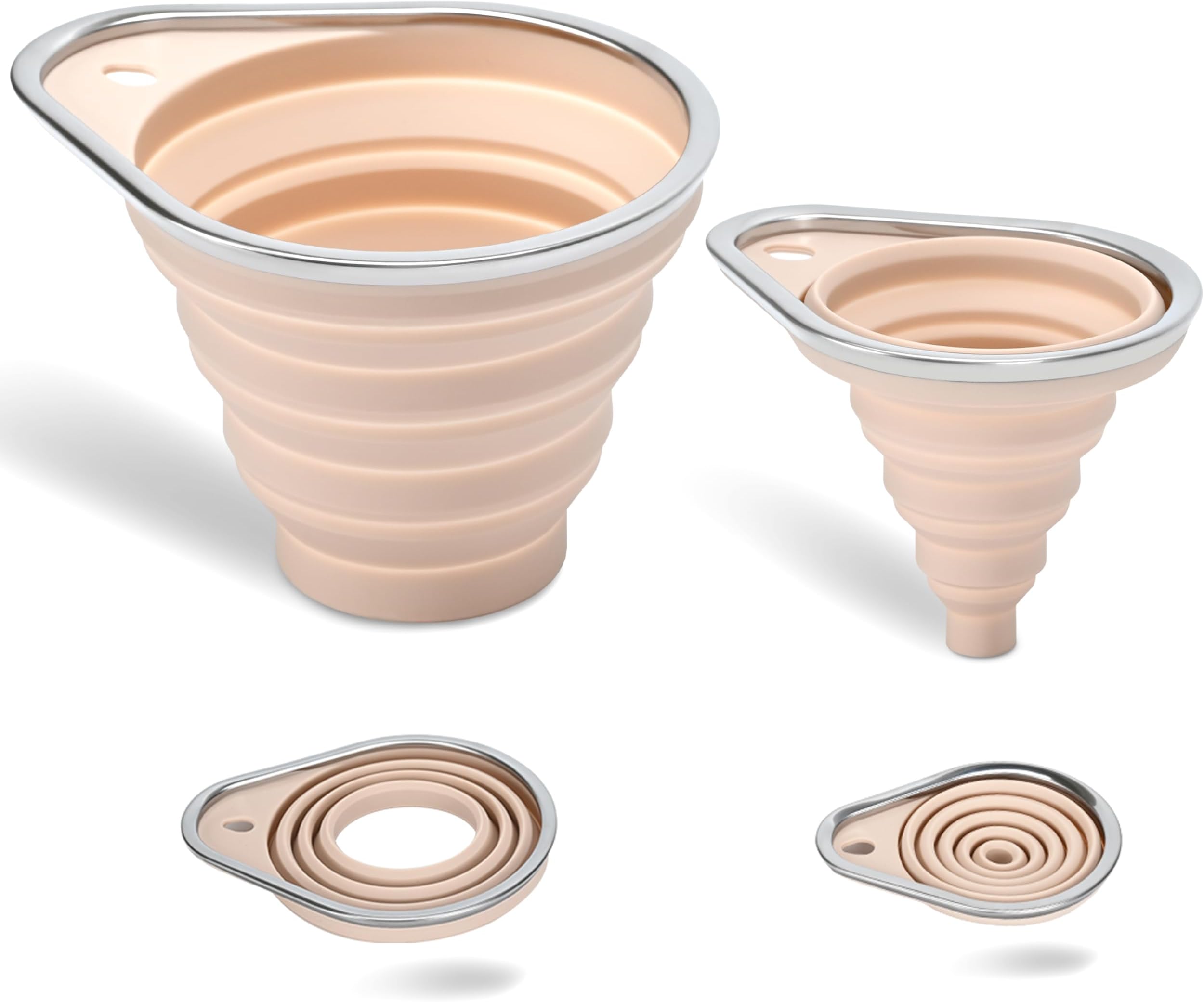 Stainless Steel Rim Silicone Collapsible Funnel Set, 2 Pack Large & Small Wide Mouth Kitchen Funnels for Mason Jar Canning, Bottle Filling, Food Grade Liquid & Powder Transfer (Pink)