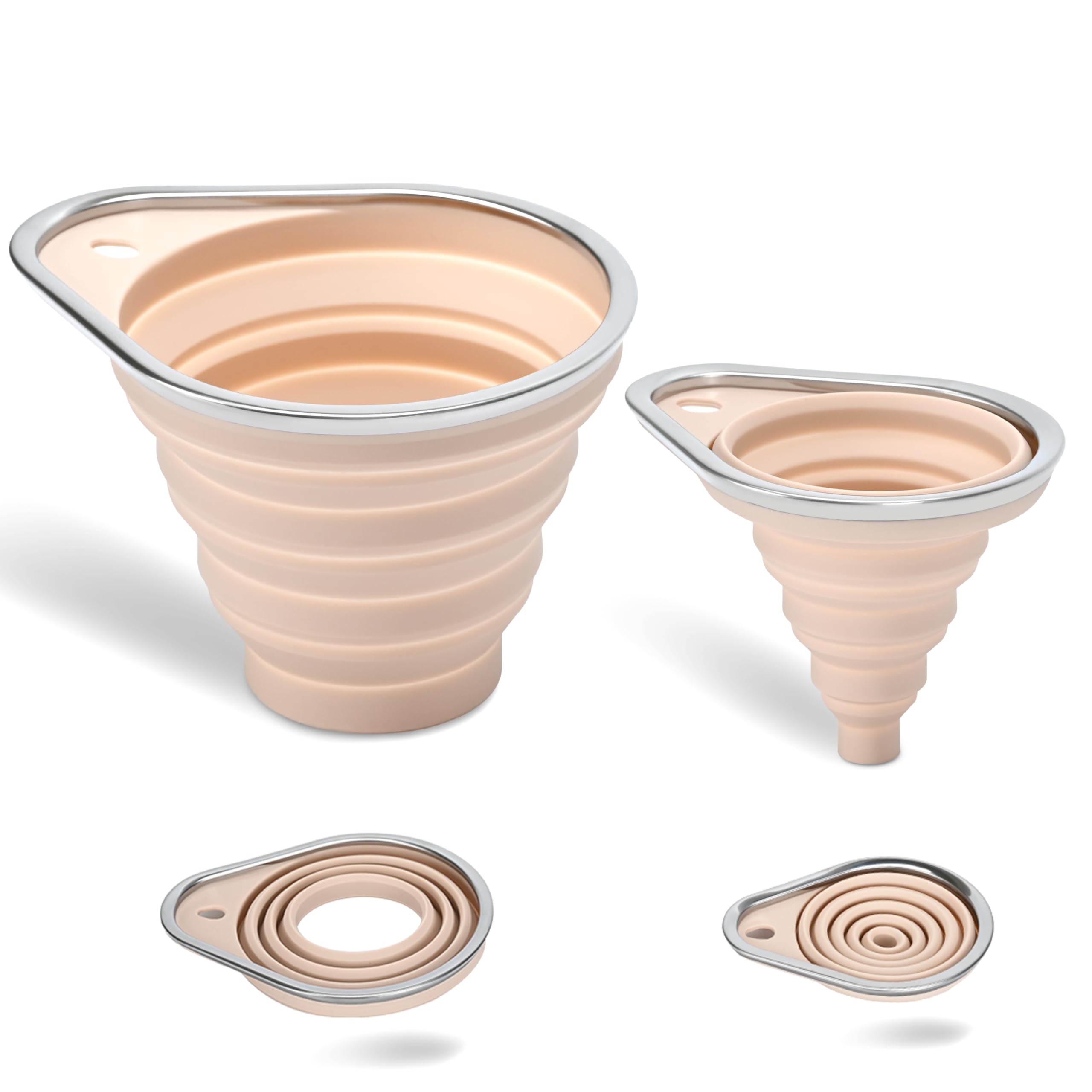 New Upgraded 2-Pack Silicone Collapsible Funnel Set with Stainless Steel Rim, Includes Large & Small Funnels for Filling Bottles,Canning,Dry & Liquid Ingredients (Pink)