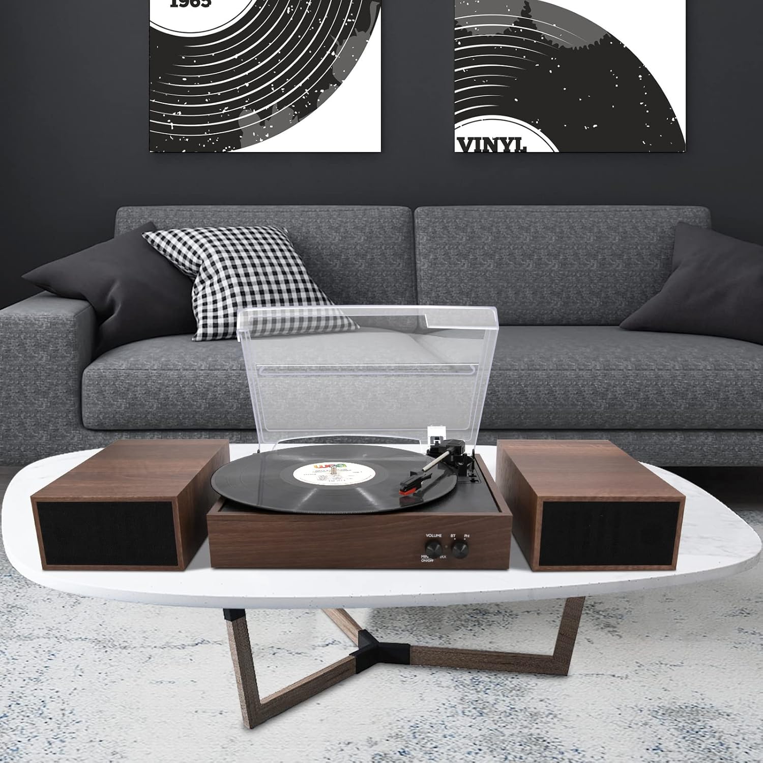 LP&No.1 Record Player with Stereo Bookshelf Speakers, Vintage 3-Speed Belt Drive Turntable, Wireless Input, RCA Output, Auto Stop Function | Walnut Wood - Image 6