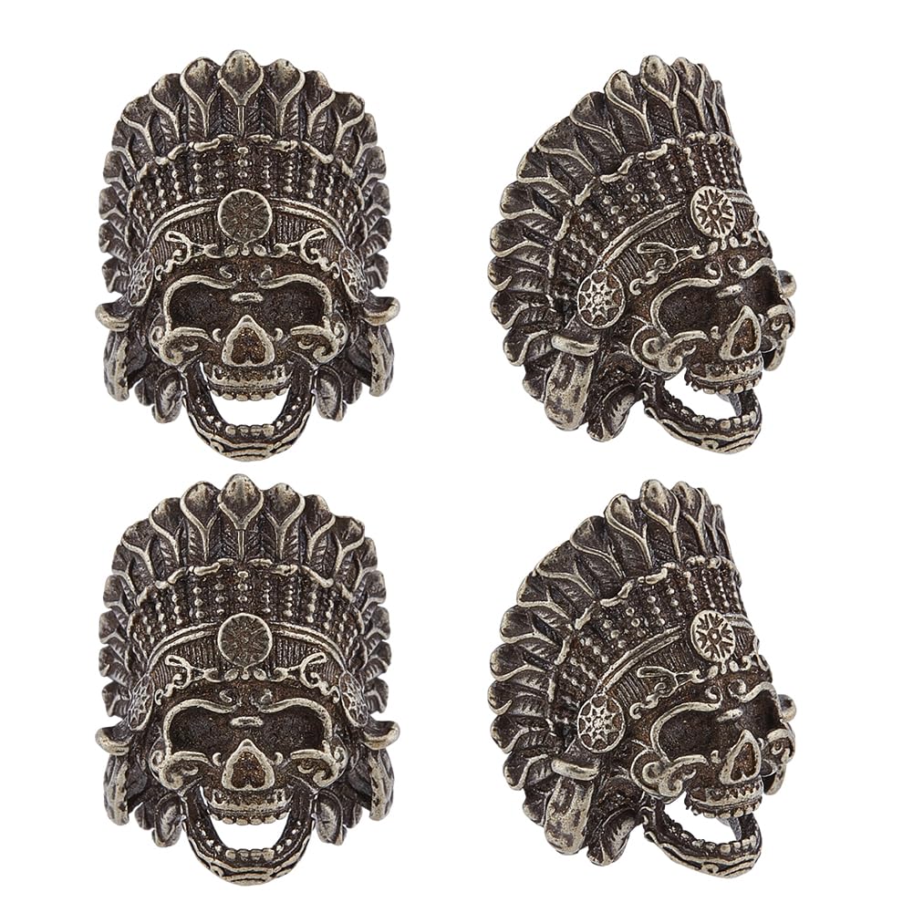 SUPERFINDINGS4Pcs Tibetan Style Alloy European Beads Skull Sword Lanyard Bead Indian Chief Large Hole Beads Antique Silver Beads for Keychain Bracelet Accessories,22x16x13mm, Hole: 5mm