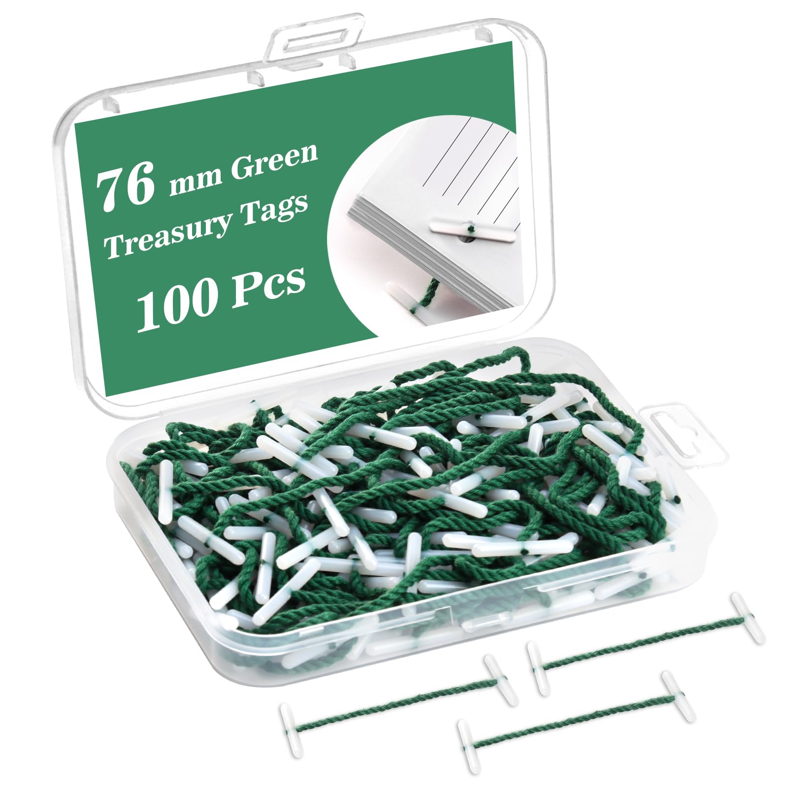 100 PCS 76x24mm Treasury Tags Plastic Ends with Small Plastic Box Green String Ties for Hole Punch Paper String Paper Fasteners String File Ties Page Binders String for Office Organising Document
