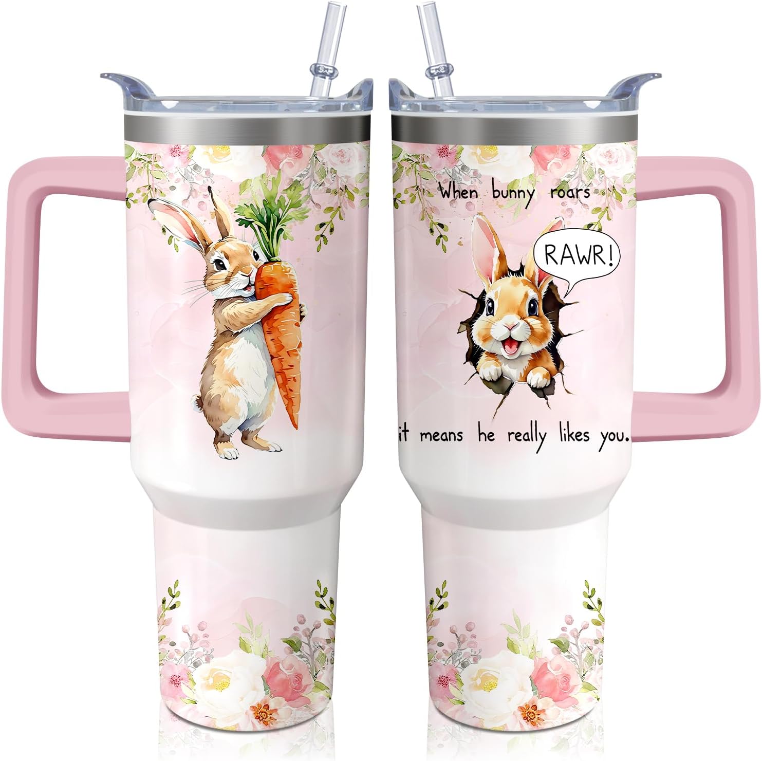 40oz Rabbit Stainless Steel Tumbler with Handle and Straw, Bunny Insulated Cup Travel Coffee Mug Water Bottle with Lid and Straw, Animal Lovers Women Gifts