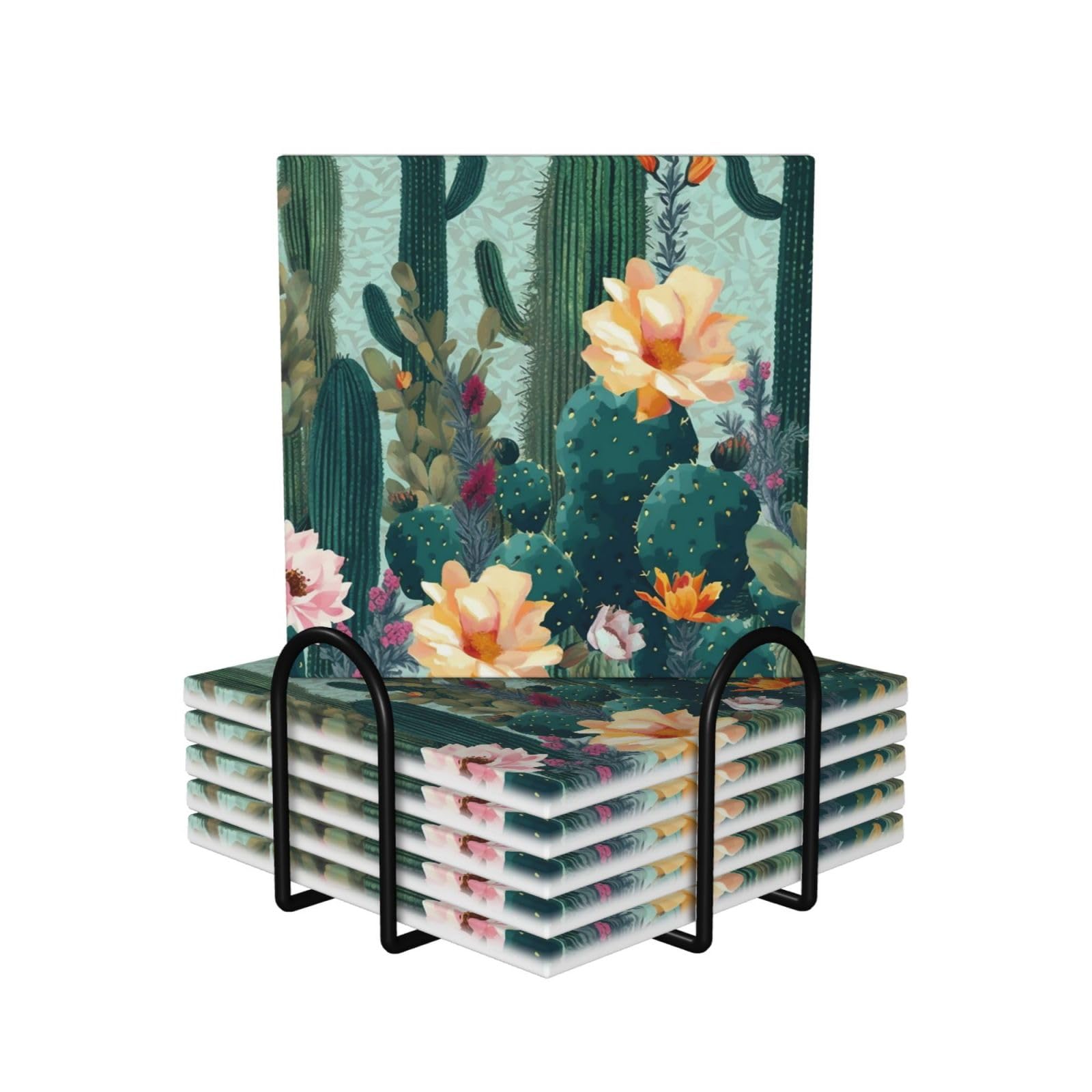 Dessous de verre en céramique lot de 6 avec support métal et base liège carrés d'été 10,4 cm
