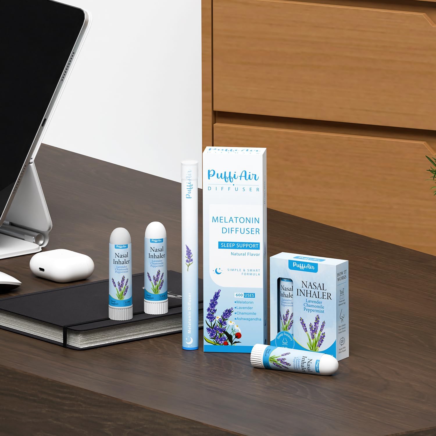 PUFFIAIR Herbal Melatonin Diffuser + Lavender Nasal Sticks (3 Pack) | Lavender, Chamomile, Ashwagandha | Sleep Support, Stress Relief, Stuffy Nose Relief | 600 Uses