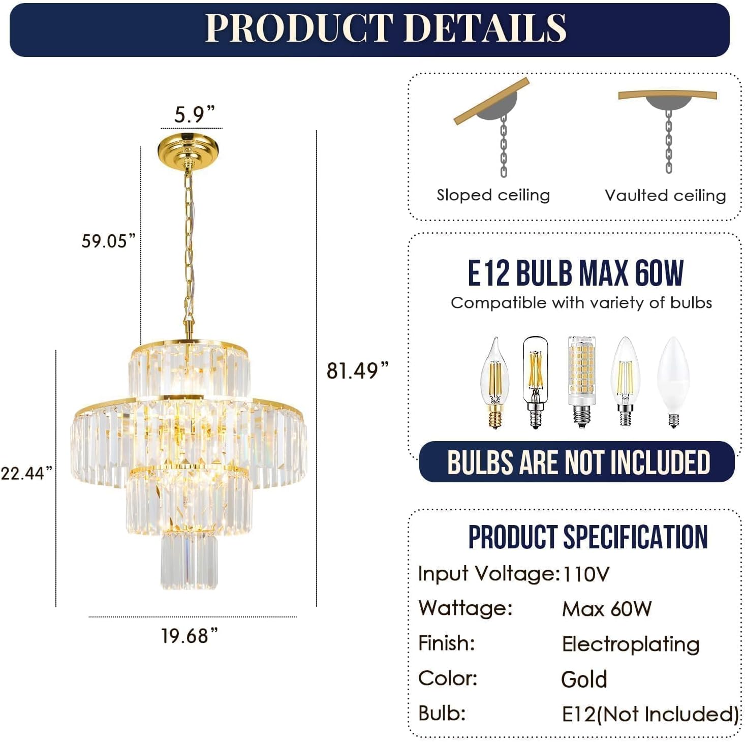 Gold Crystal Chandelier, 7-Light 4 Tiers 19.68" Crystal Light, Adjustable Hanging Metal Ceiling Lighting Fixture, Modern Foyer Dining Room Chandeliers for Bedroom,Hallway,Kitchen