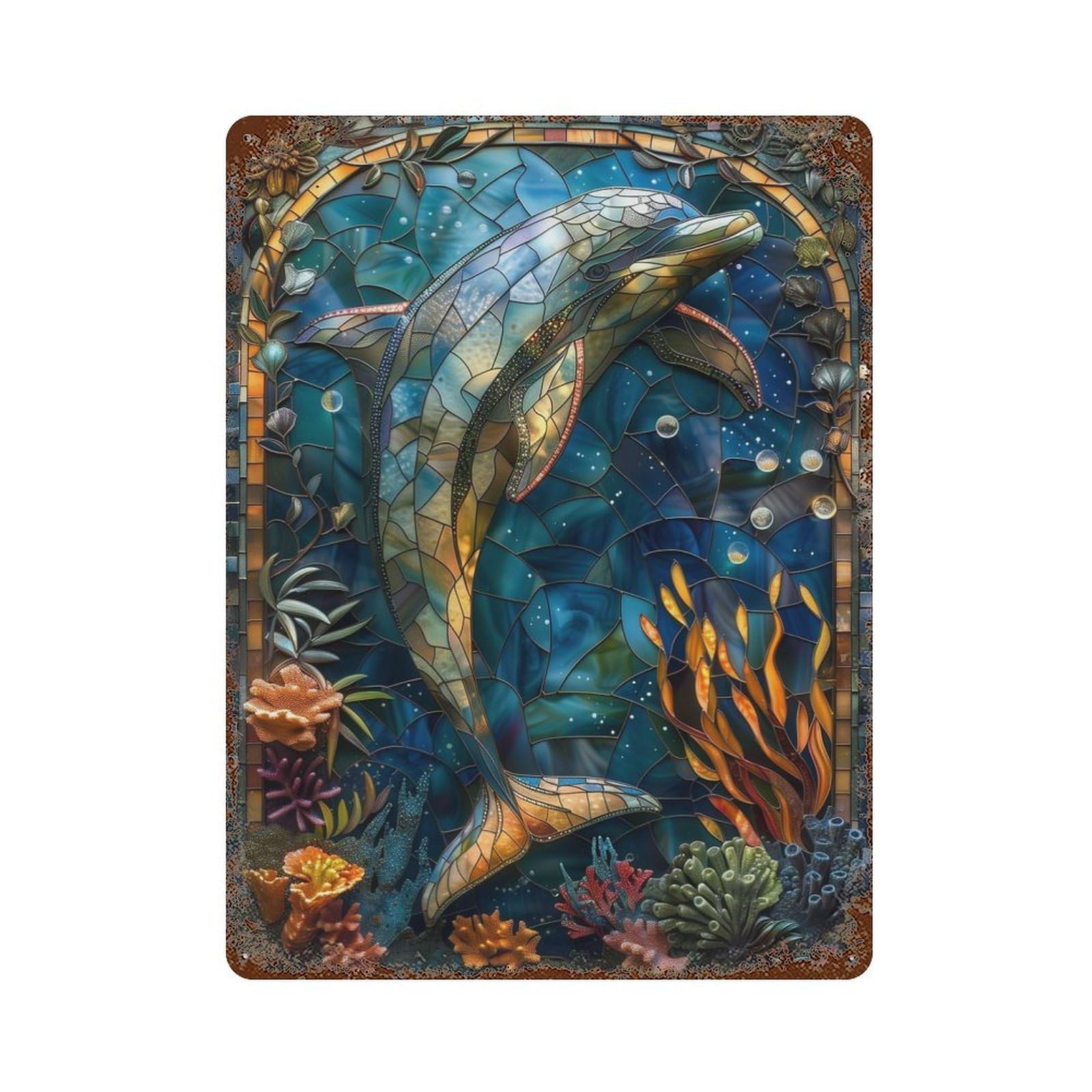 Retro Metal Sign with Stained Glass Dolphin Design 15.7"x11.8", for Pub, Kitchen And Man Cave Decor, Rustic Home Decor