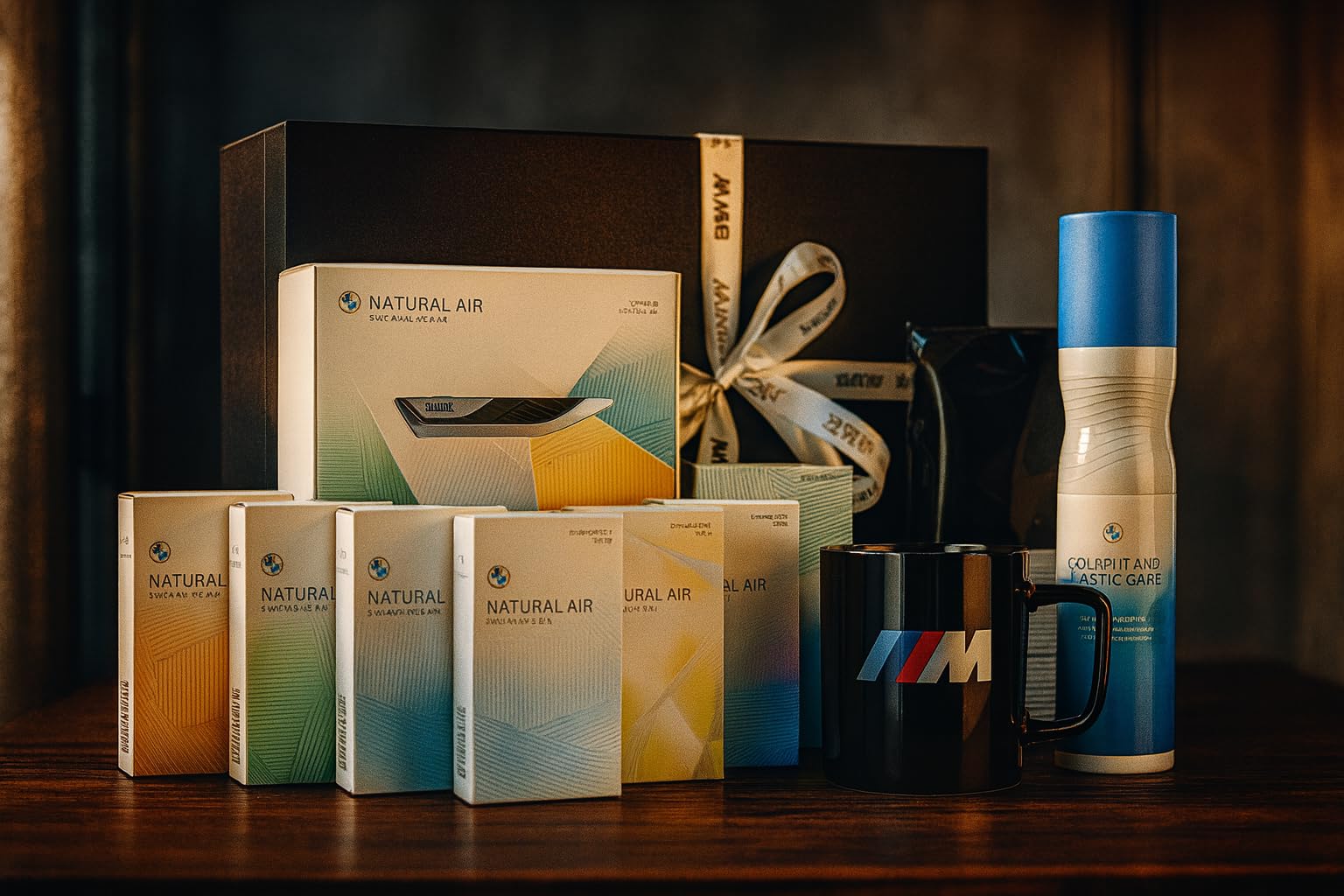 BMW Geschenkset Original Zubehör Box – Natural Air Starter-Kit + 7 Düfte + M Tasse + Cockpit-Pflege + Displaytuch
