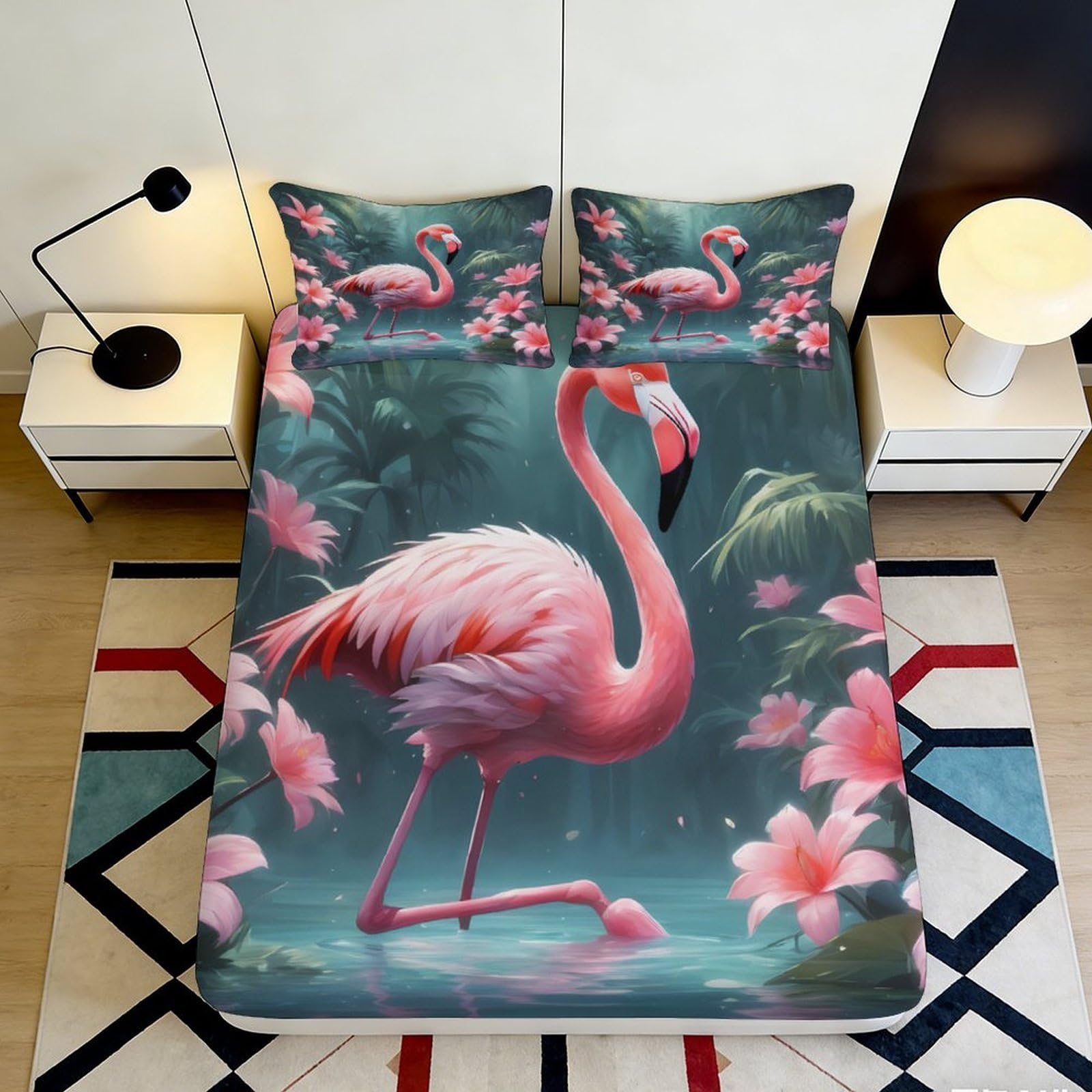 Pnayamiorkfel Style-1 3D Printed Pink Flamingo Fitted Sheet Microfiber Soft Floral Lake Mattress Cover For Bedroom Guest Room Home Decor 90X200x25cm