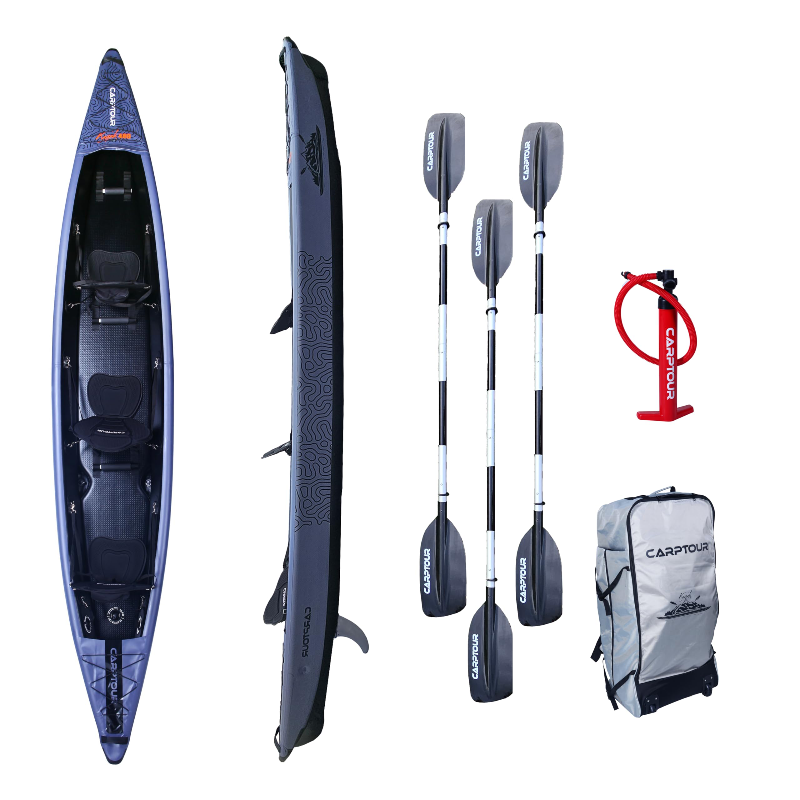Kayak gonflable Drop Stitch avec 3 sièges - Avec pagaie, pompe à air et sac de transport pratique - Gris