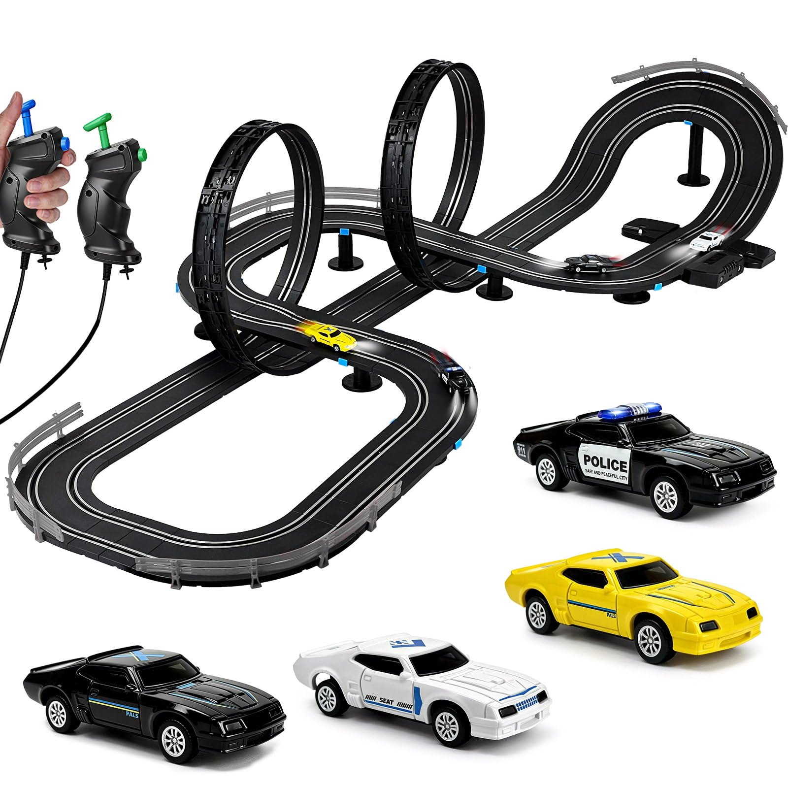 Autorennbahn, Kabellose Rennbahn Spielzeug mit 4 Slotcars, Doppelspur Rennstrecke & 2 Handreglern, Interaktives Familienspielzeug Geschenk für Kinder - 04