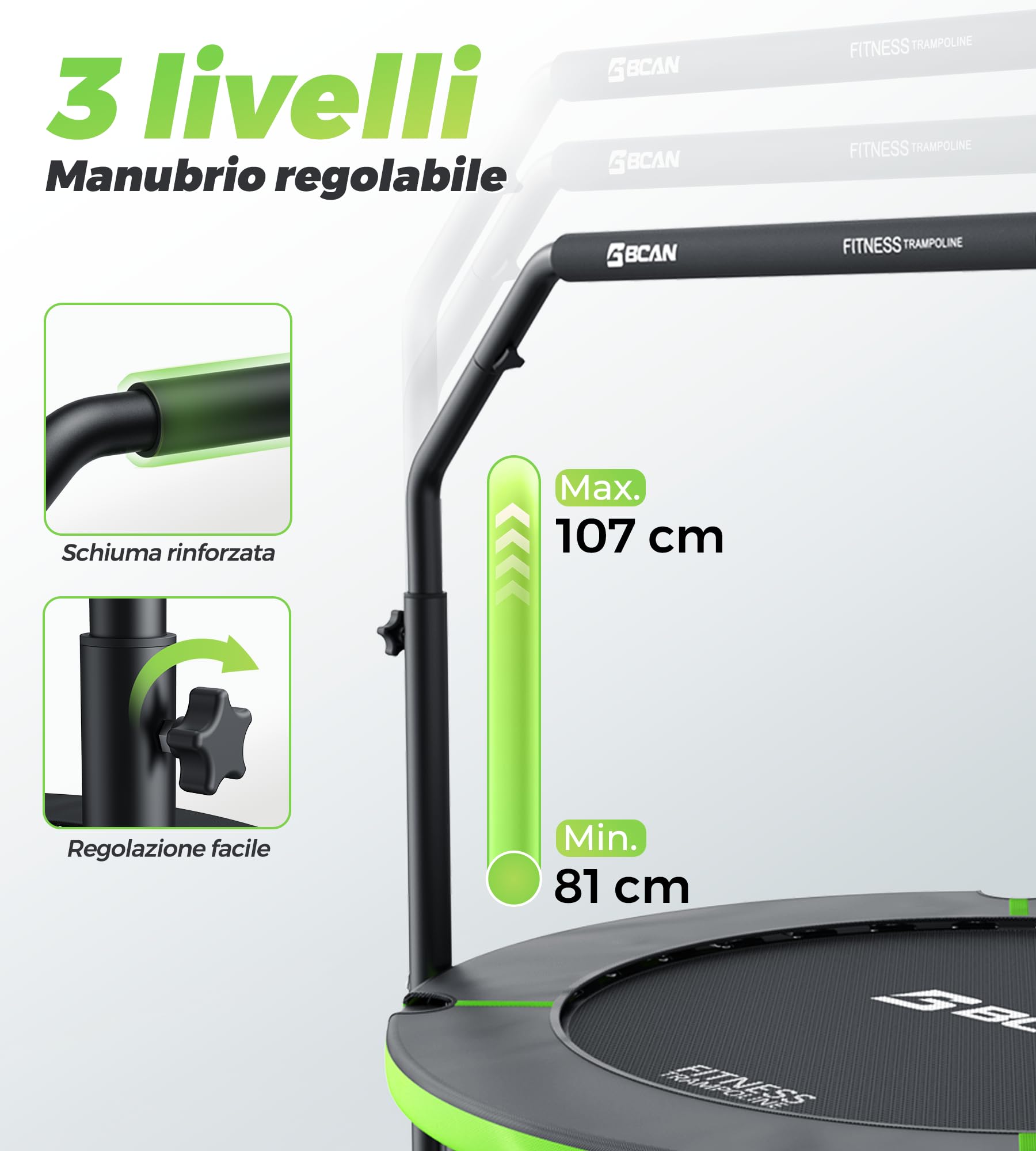 Trampolino da interno BCAN Fitness, diametro Ø 102/122 cm, mini trampolino elastico/a molla, adatto per adulti fino a 204/250 kg, con maniglie regolabili, silenzioso e a basse vibrazioni