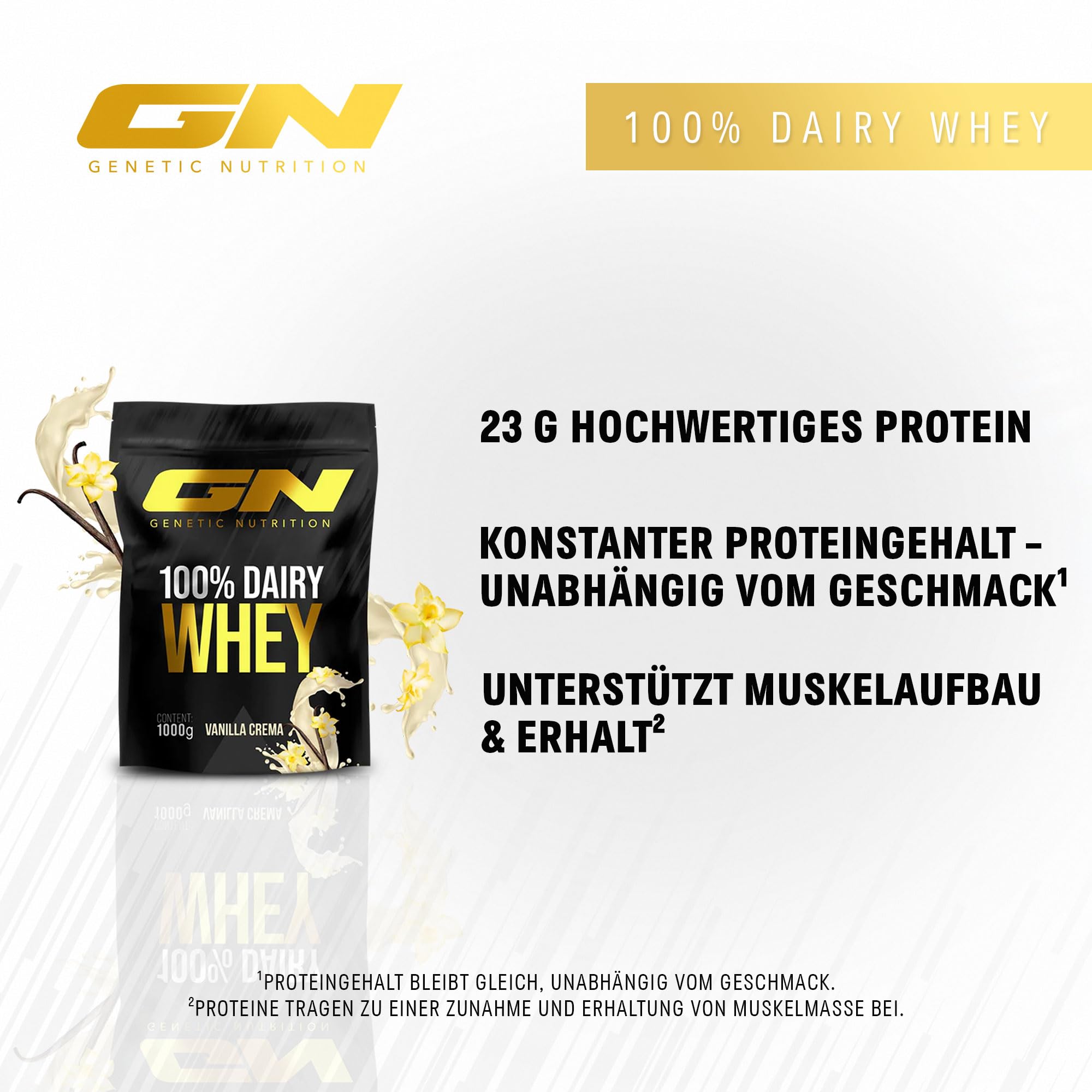GN Laboratories Whey Protein Pulver – Hochwertiges Molkenprotein für Muskelaufbau & Regeneration – Low Carb & Glutenfrei – Geschmack: (Vanilla Cream) – 1 kg Premium Eiweiß, Made in Germany