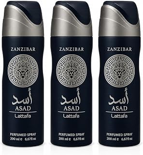 Lattafa Asad Zanzibar Perfumed Spray 200ml (Pack of 3) | Long-Lasting Premium Body Spray for Men | Fresh Aquatic Woody Fragrance | Everyday Deodorant Spray | 3 x 200ml | Total 600ml