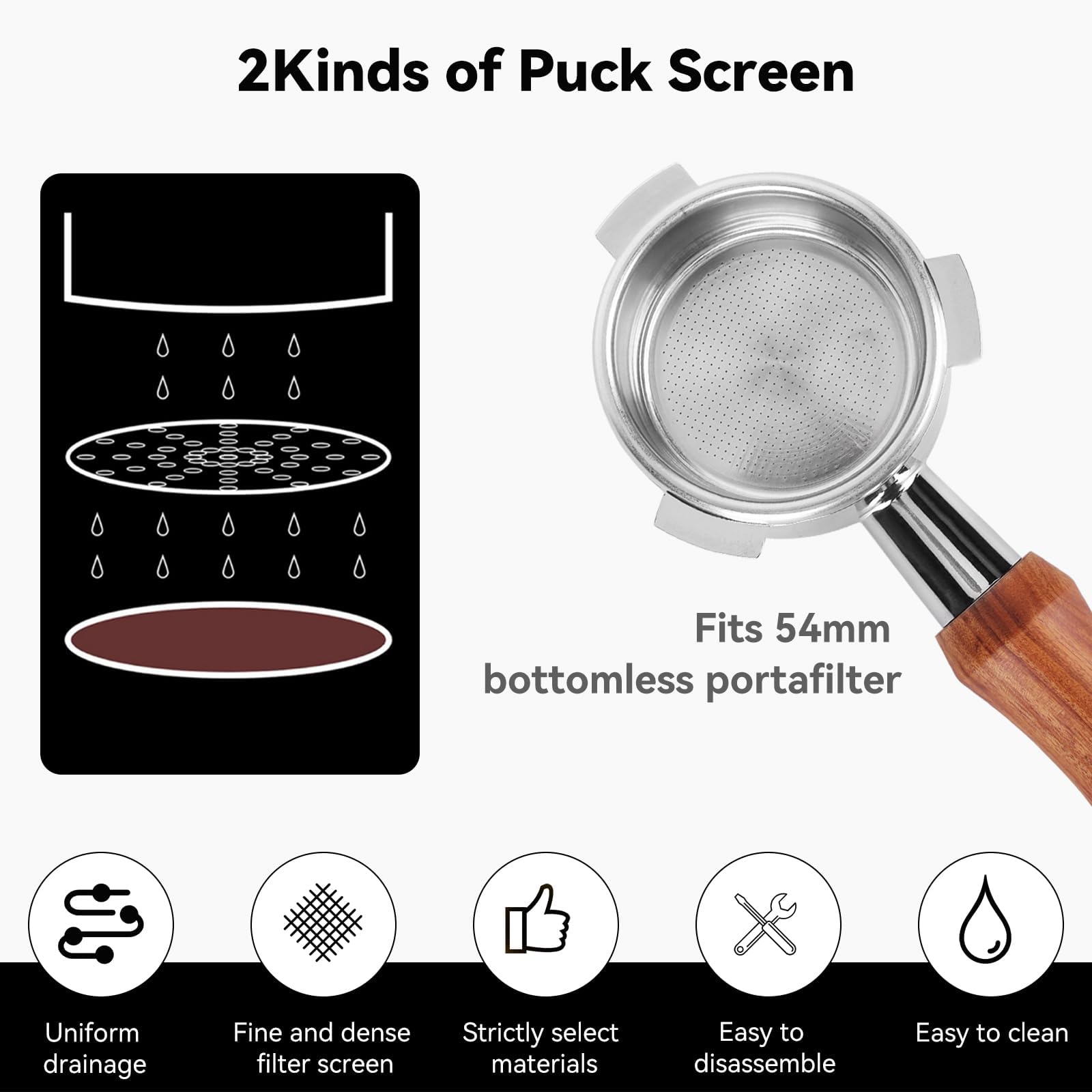 Portafiltro per caffè senza fondo da 54 mm con schermo a 2 dischi compatibile con Sage Breville Barista Series, Barista Express e altri modelli da 54 mm, portafiltro da 54 mm con manico in legno