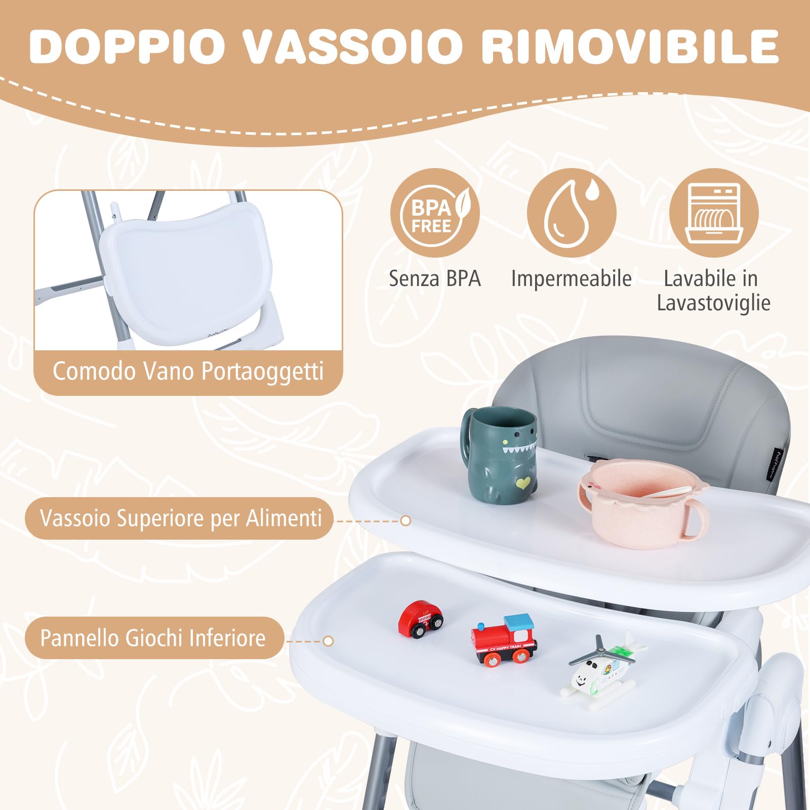 COSTWAY Seggiolone Pappa Portatile, con Altezza Regolabile, Schienale Reclinabile e Vassoio Rimovibile, Seggiolone Evolutivo Pieghevole con Cintura e 2 Ruote, per Bambini 6-36 Mesi (Grigio Chiaro)