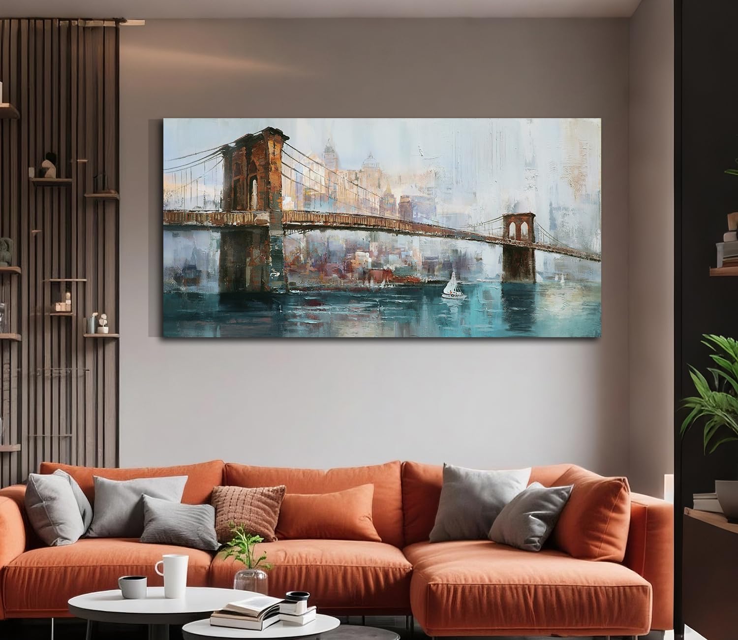 Acocifi Brooklyn Bridge Wall Art for Living Room New York Skyline Picture Abstract Cityscape Office Canvas Painting Large Textured Artwork Framed for Bedroom Home Decor 48"x24"