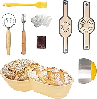 Banneton Bread Proofing Basket Set：2 Pcs Silicone Baskets 9 Inch Round & 10 Oval with Essential Bread Baking Tools-Bread Sling, Danish Dough Whisk, Dough Scraper, Silicone Brush
