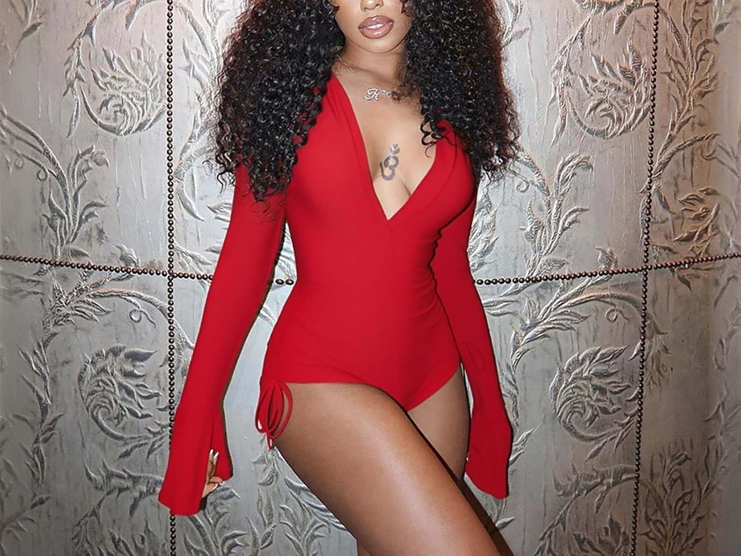 Womens Sexy V Neck Long Trumpet Sleeve Jumpsuit Short Pants Bodycon One Piece Outfits Clubwear Party Romper - Image 5