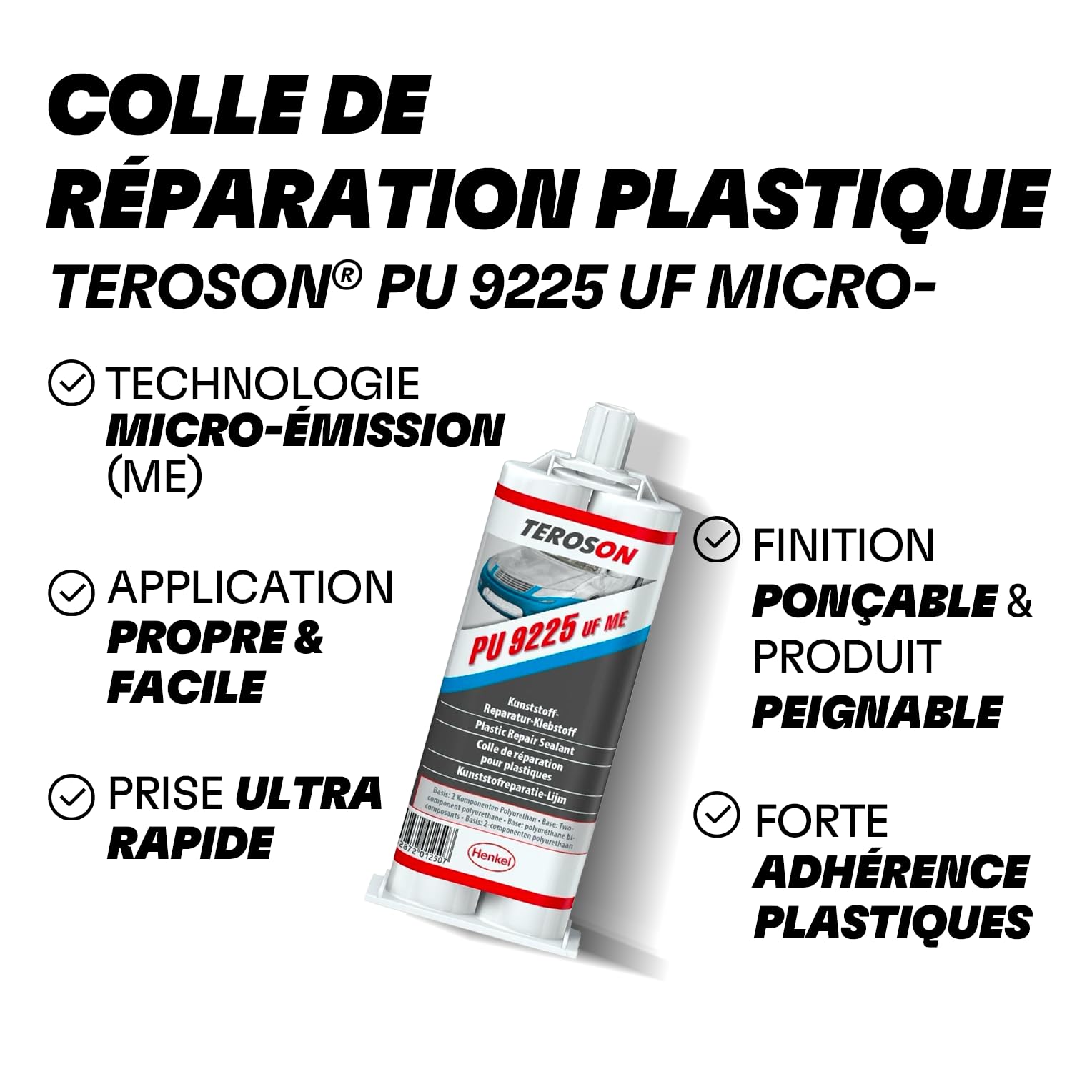 TEROSON PU 9225 UF ME (Ultra Fast Micro-émission) 50 ml colle bi composant polyuréthane, réparation plastique carrosserie voiture, prise rapide 1 min, colle pare choc et phare