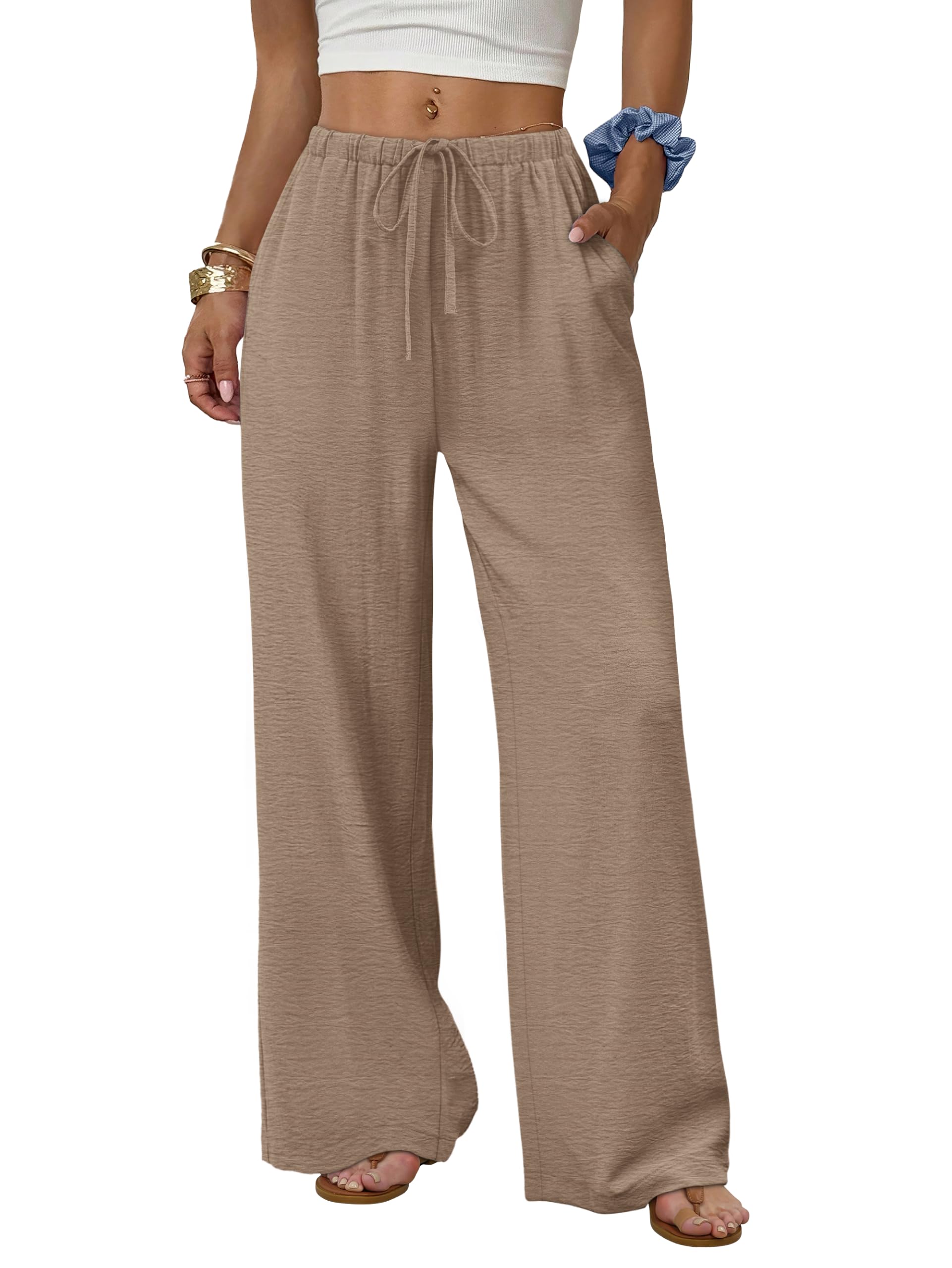 WIHOLL Sommerhose Damen Leichte Weite Palazzo Hose Hohe Taille mit Taschen Locker Loose Fit Stoffhose Casual Elegant Freizeithose Strandhose