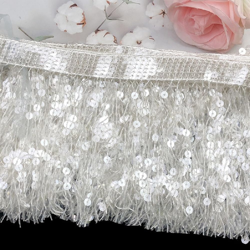 Yalulu 10 Yards Sparkly Sequined Tassel Ribbon, Translucent Sequins Fringe Trim Spangle Paillette Lace Fabric for DIY Latin Dance Dress Costume Fringe Trimming (White)