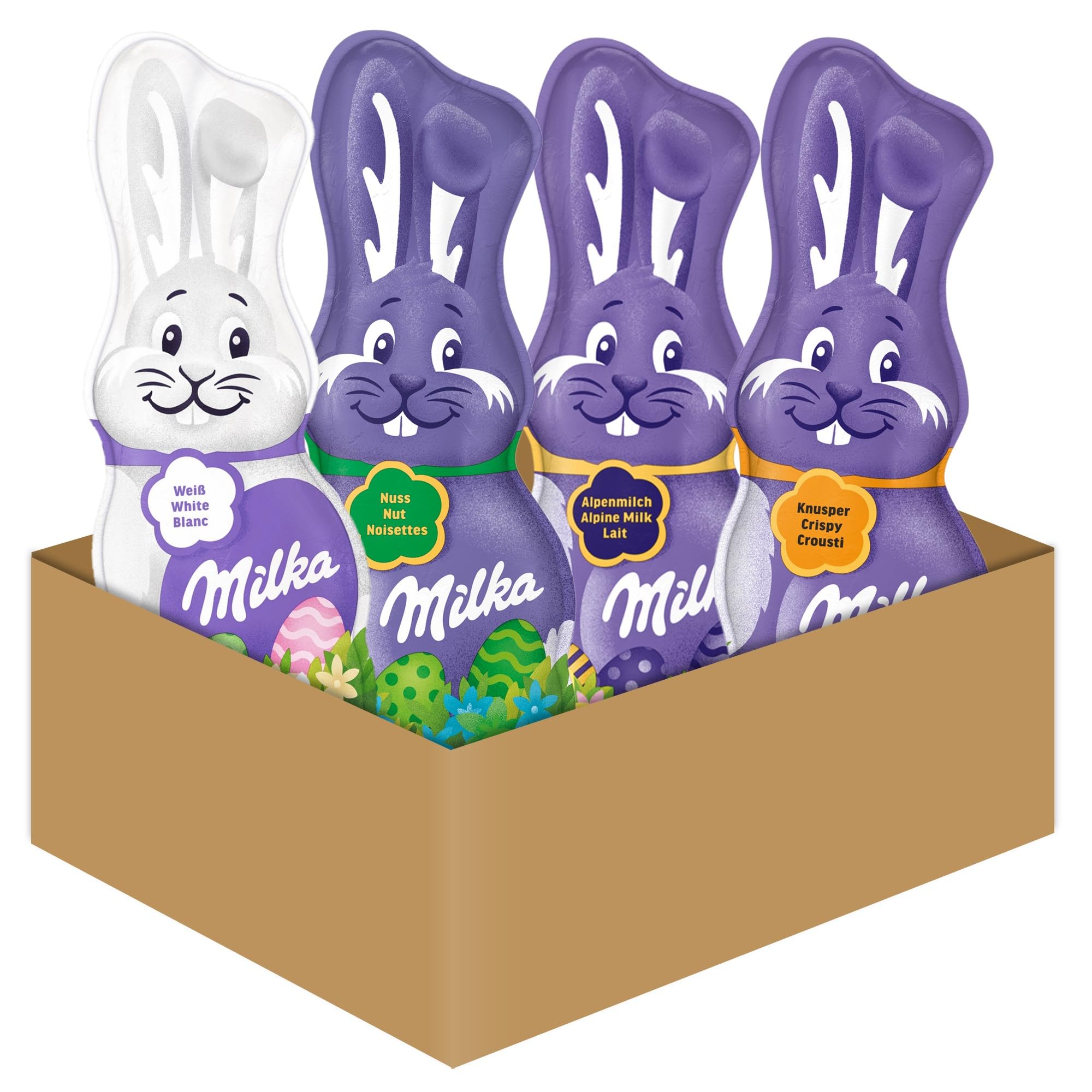 Milka - Assortiment de Chocolats de Pâques : 1 Lapin Chocolat Blanc  1 Lapin Chocolat au Lait Noisettes  1 Lapin Chocolat au Lait  1 Lapin Chocolat au Lait Croustillant - Chocolat à Offrir - Lot x4