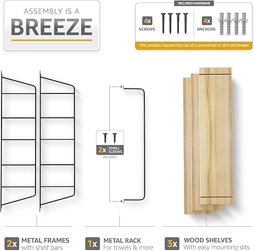 Miniatura 5 de Sorbus Estantes flotantes de baño de 3 niveles para pared, almacenamiento de pared de madera para toallas, armario de almacenamiento sobre el