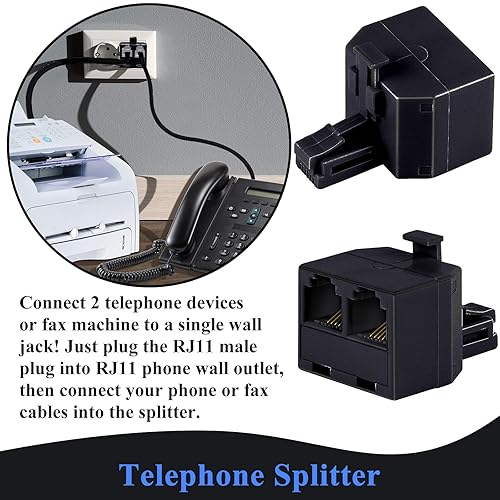 Miniatura 4 de KINXIYU Cable telefónico de 6 pies, cable de teléfono fijo con enchufe RJ11, incluye acoplador en línea de teléfono divisor RJ11 y 10 clips de cable
