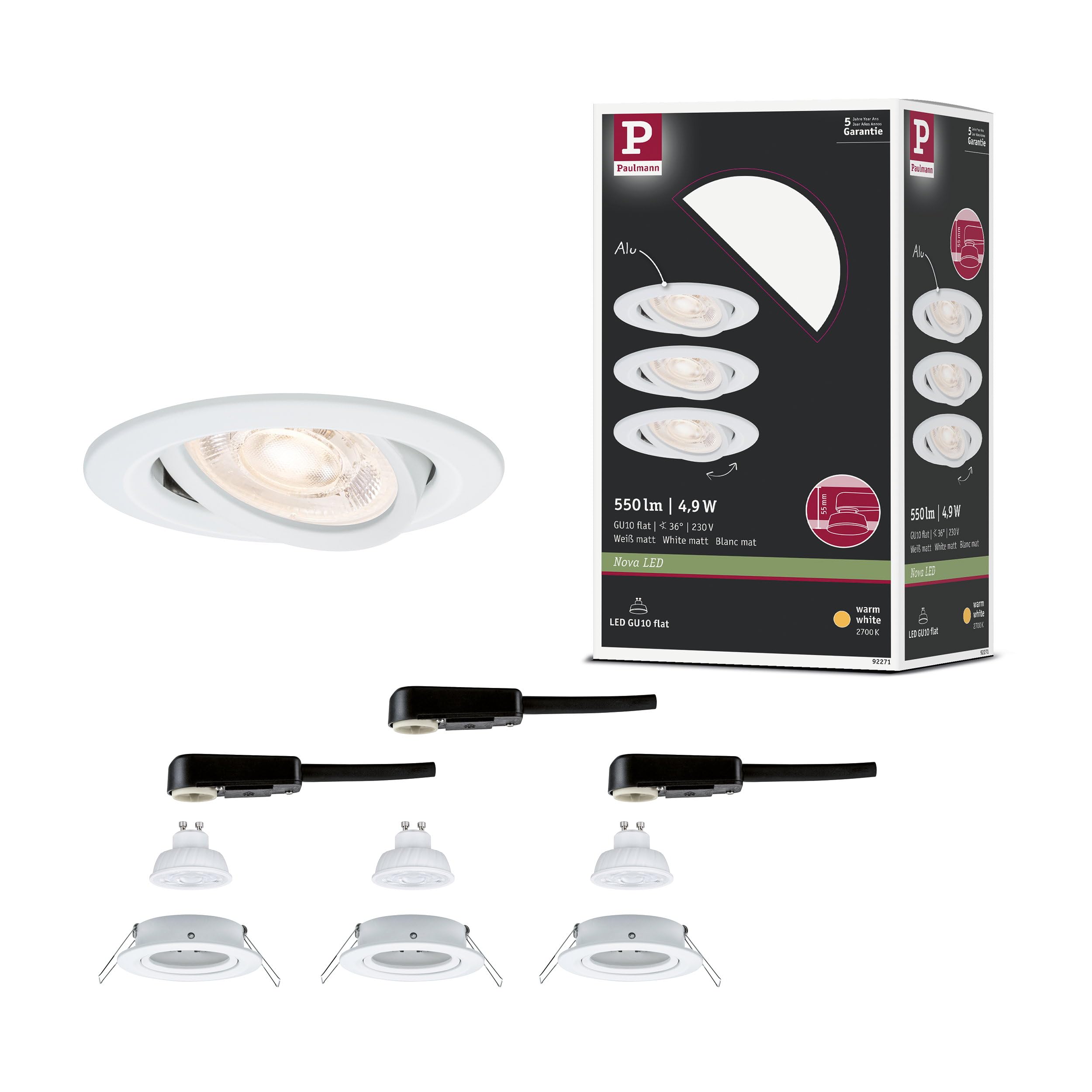 Paulmann Nova GU10 Flat orientable LED Spot encastrés 3x4,9W 3x550lm 230V 2700K blanc dépoli
