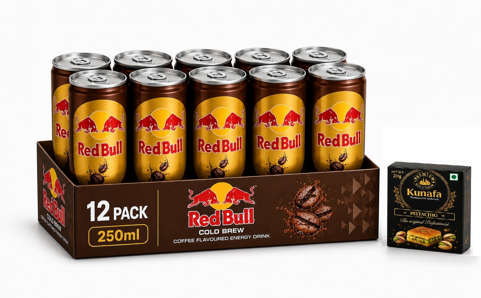 Red Bulls Cold Brew Coffee Flavoured Energy Drink, 250ml, Each Pack of 12 with Free Flavourito Kunafa Pistachio Chocolate Bar, 20g By Decadent Foods-image-13