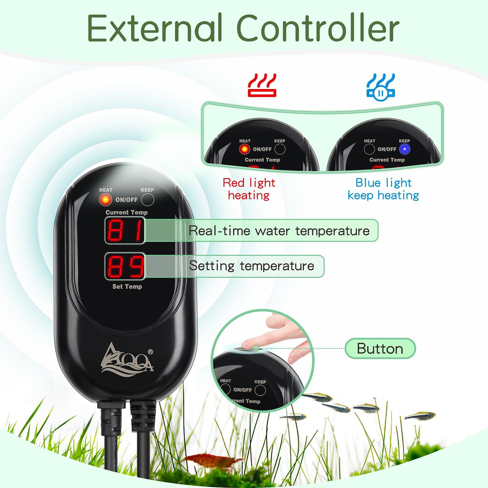 AQQA Aquarium Heater, 800w Fish Tank Heater with 59-93°F External Controller, Rapid Heating - Image 2