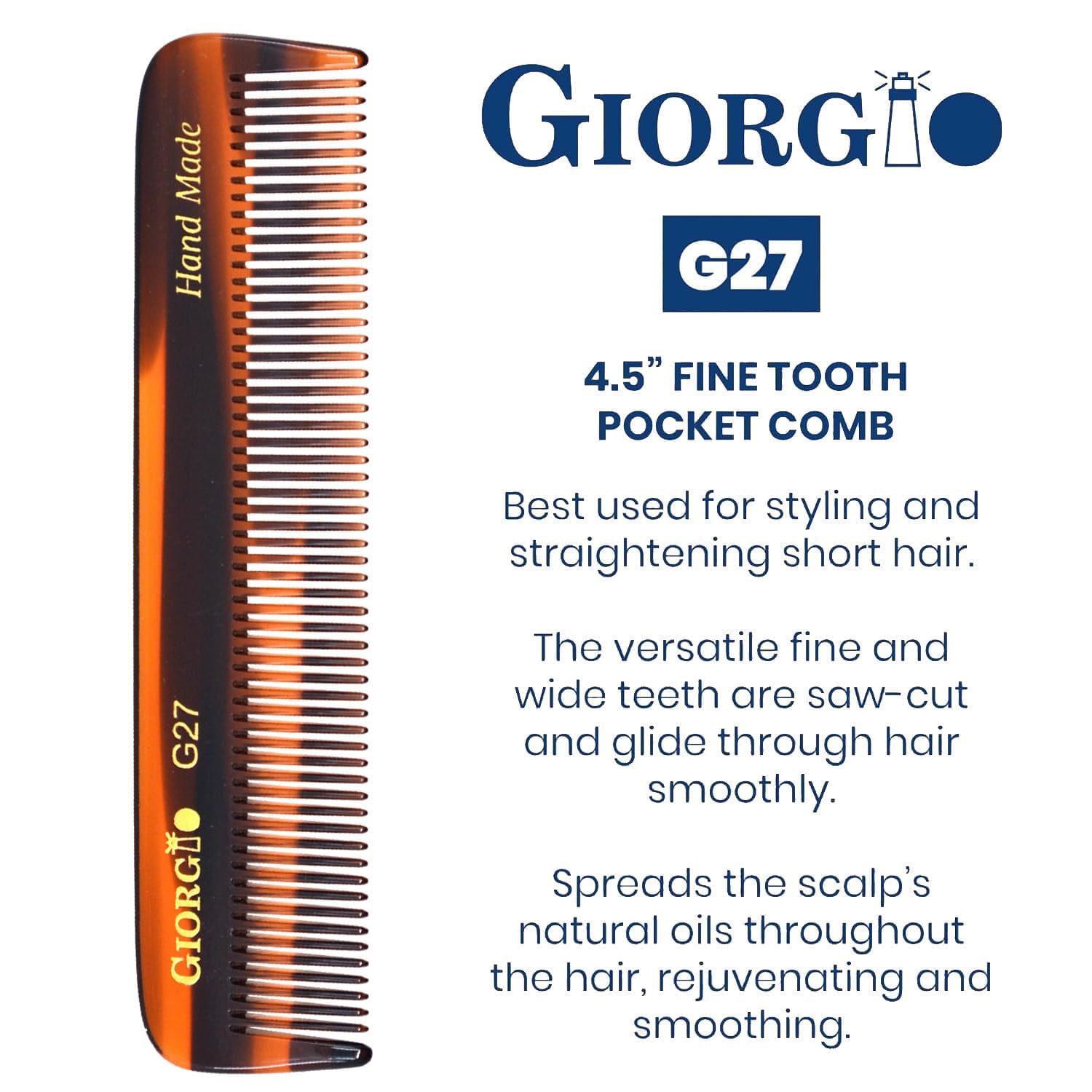 Giorgio Tortoiseshell Handmade Pocket Comb Set, Hair Comb Straightener for Everyday Grooming Styling Hair, Mustache and Beard for Men Women and Kids, Use Dry or with Balms, Saw Cut and Polished