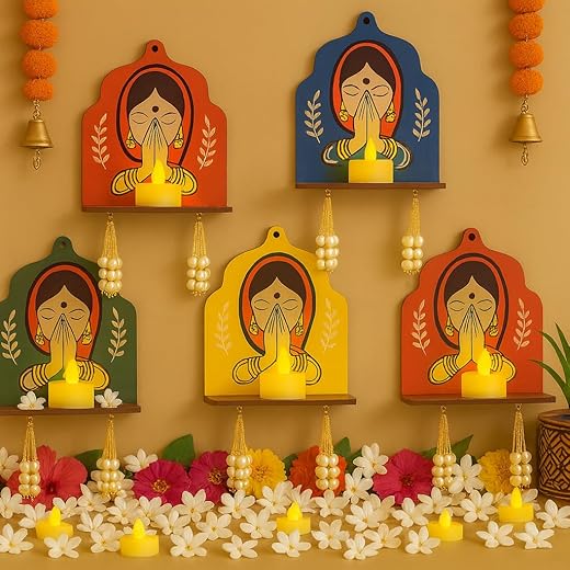 Wooden Jharokha Wall Shelf & Tealight Holder – Decorative Floating Shelves for Pooja Room, Diya Stand, Hanging Wall Decor, Diwali Decoration For& Main Door Entrance (Set of 5)