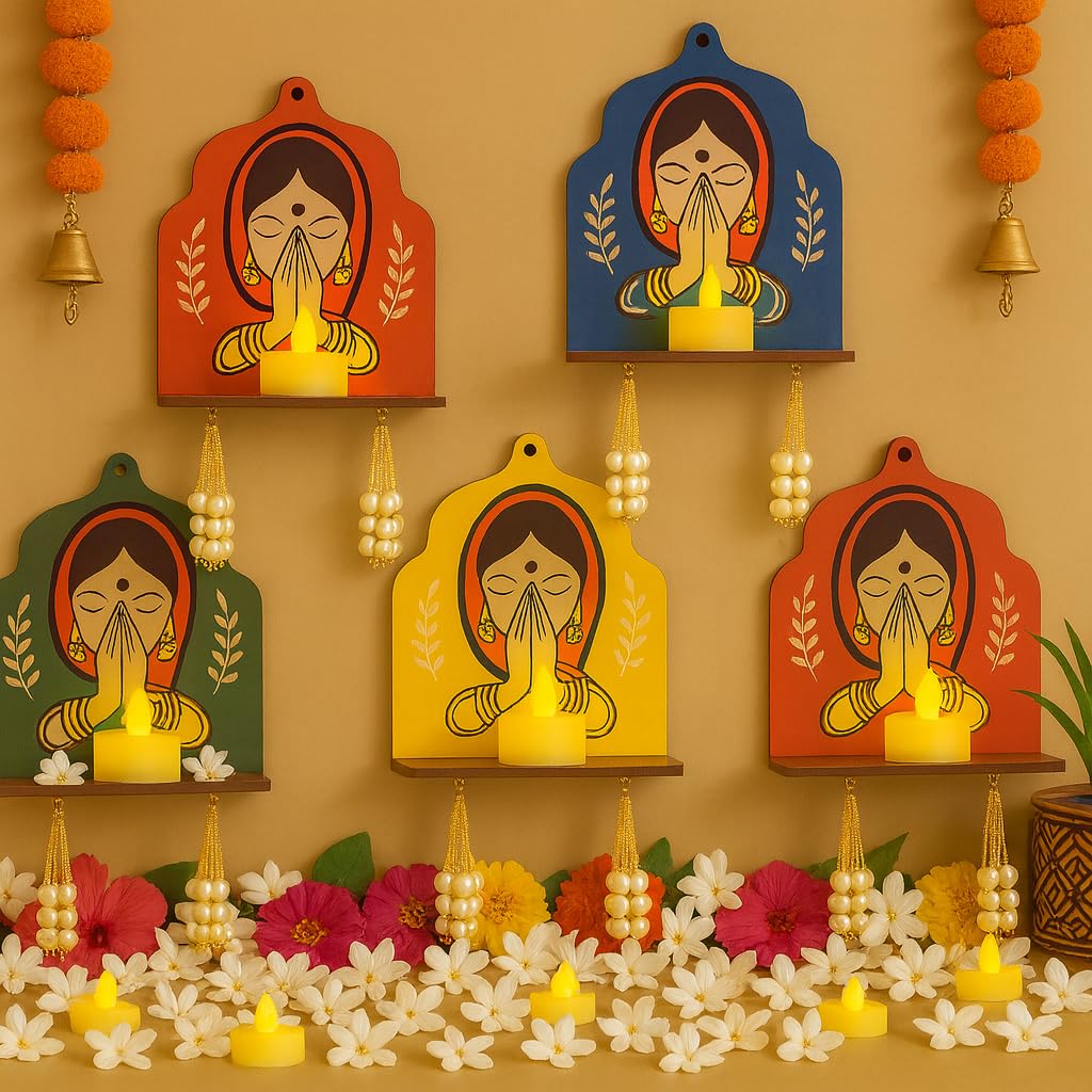 Wooden Jharokha Wall Shelf & Tealight Holder – Decorative Floating Shelves for Pooja Room, Diya Stand, Hanging Wall Decor, Diwali Decoration For& Main Door Entrance (Set of 5)-image-37