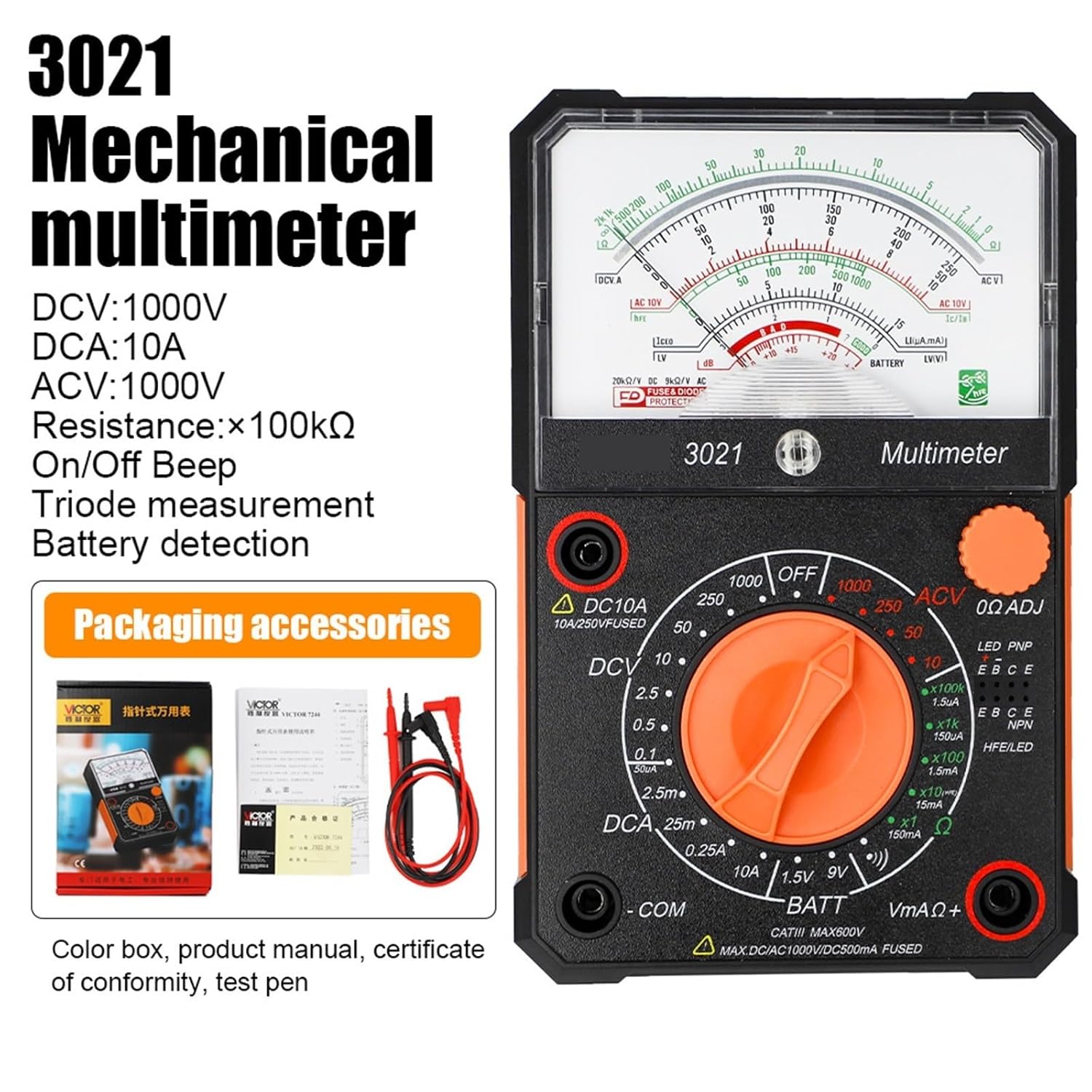 3021 Analog Multimeter High Precision Pointer Multimeter 1000V Voltmeter Ammeter Resistor Tester Good Tools Transistor(3021)
