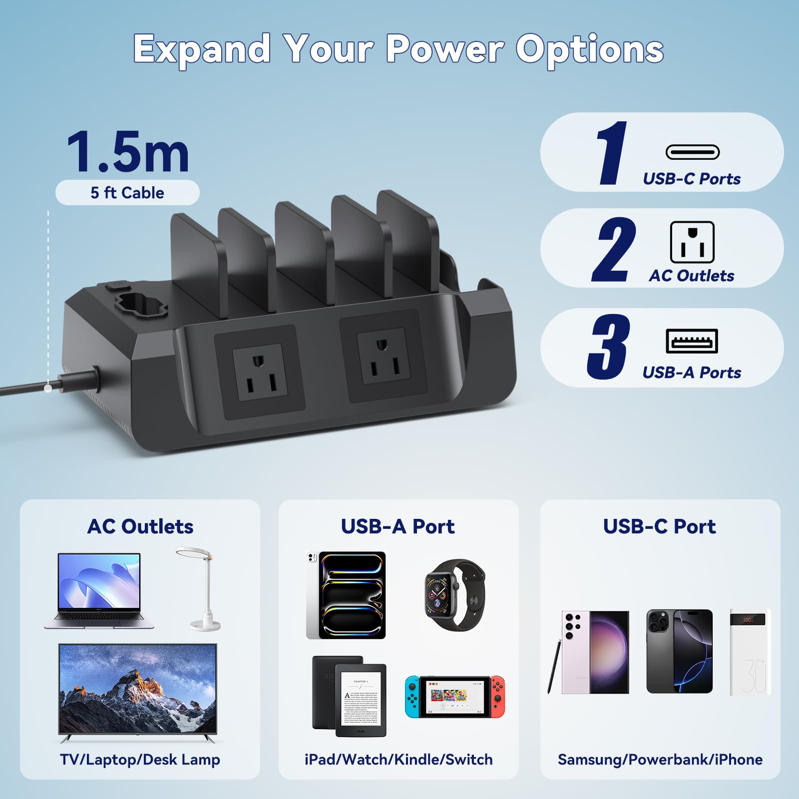KDD Stazione di ricarica con 6 cavi di ricarica – Dock di ricarica rapida 6 in 1 per cellulare con supporto per cuffie e supporto per orologio, 2 AC e USB A e USB C, stazione di archiviazione per