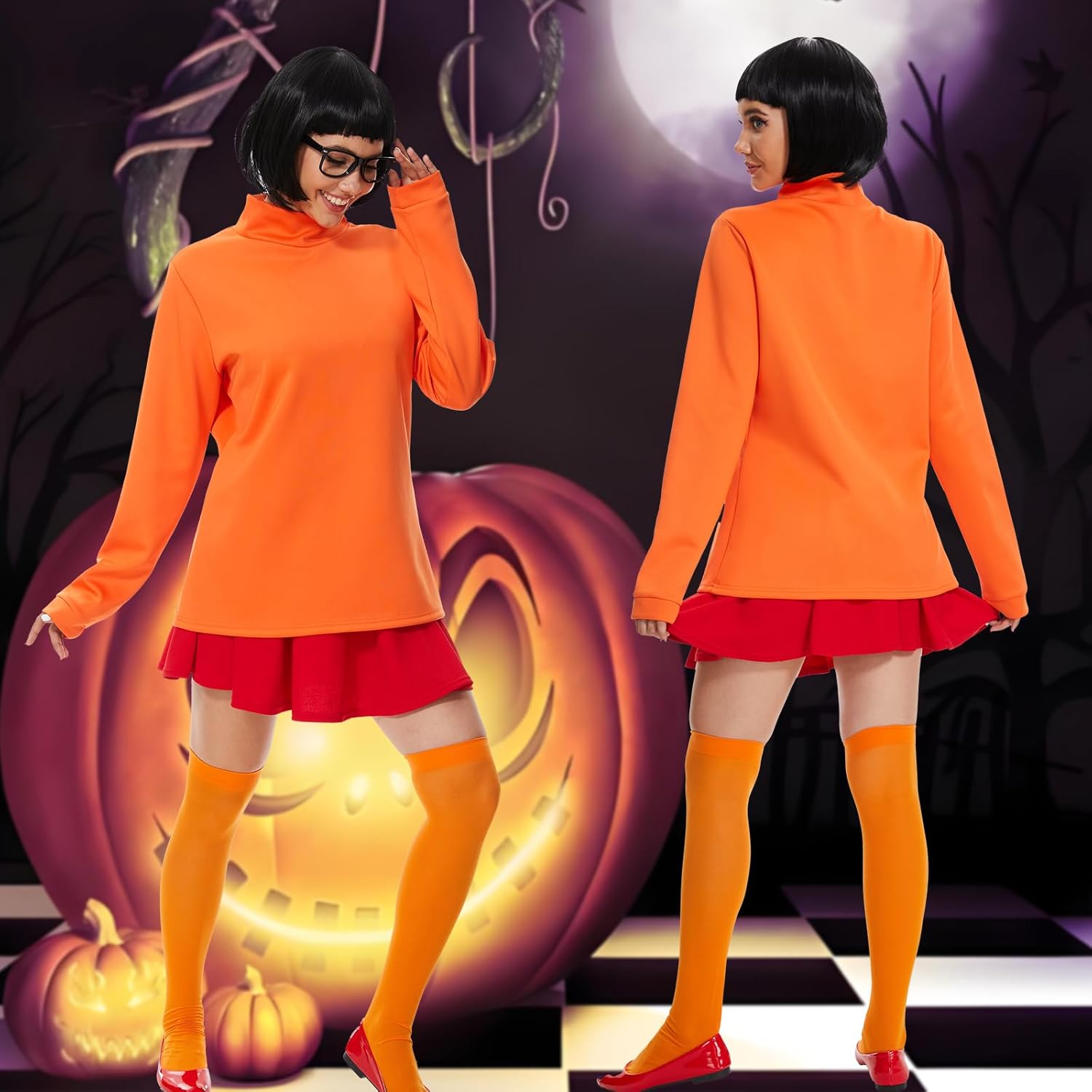 Halloween Adult Costume for Women Classic Movie Characters Costumes Orange Top Shirt with Red Pleated Skirt Outfit Set - Image 5