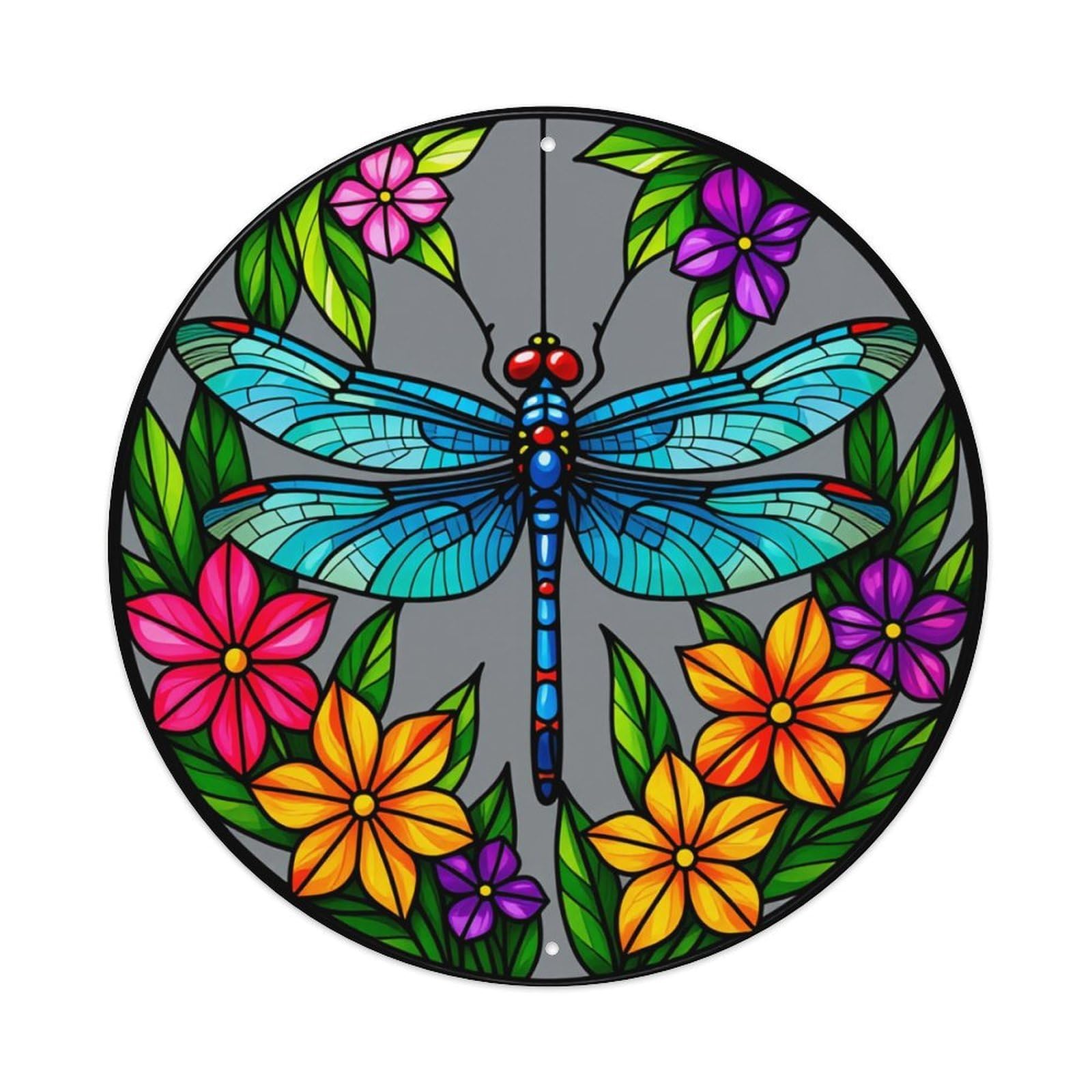 Dragonfly Flowers Leaves Circle Art Round Tin Sign Retro Metal Sign for Cafe Bar Pub Home Game Room Gym Club Wall Decoration Vintage Metal Poster 8x8 Inch