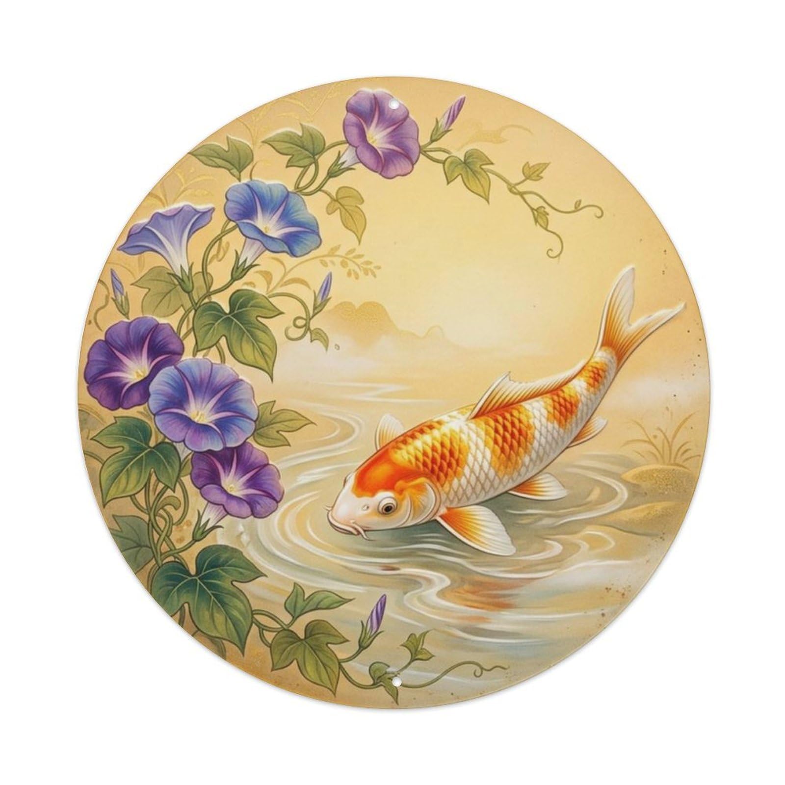 Fqcyn Style Koi Fish Citrine Sunrise Stream Bedroom Metal Tin Sign Plaque Wall Decor For Cafe, Club Bar, Office, Home Garden Round Metal Poster 8X8inch