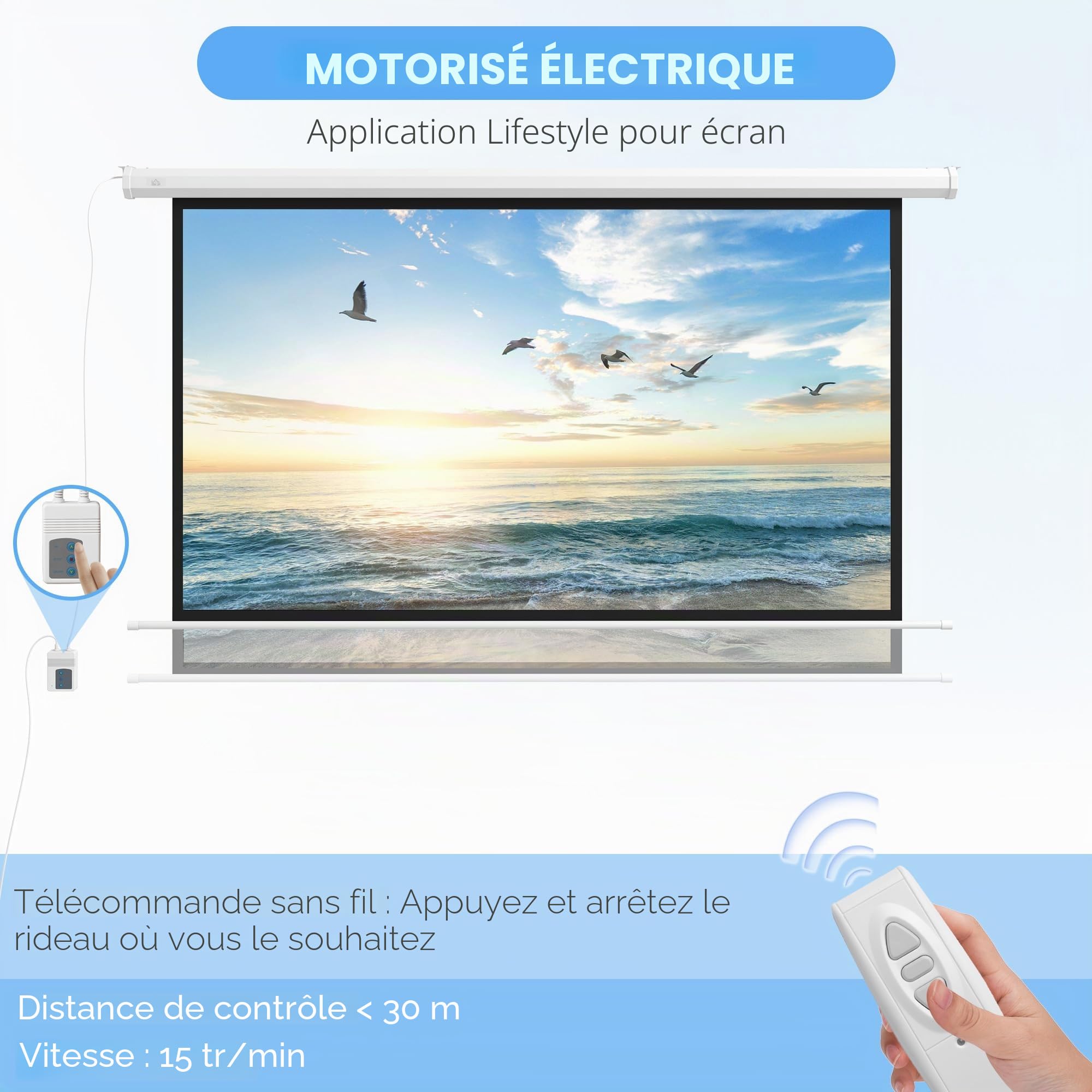 HOMCOM Écran pour projecteur 84" 16:9, Toile projecteur motorisée avec télécommande, Montage Mural et Plafond, 215 x 8 x 140 cm, Blanc